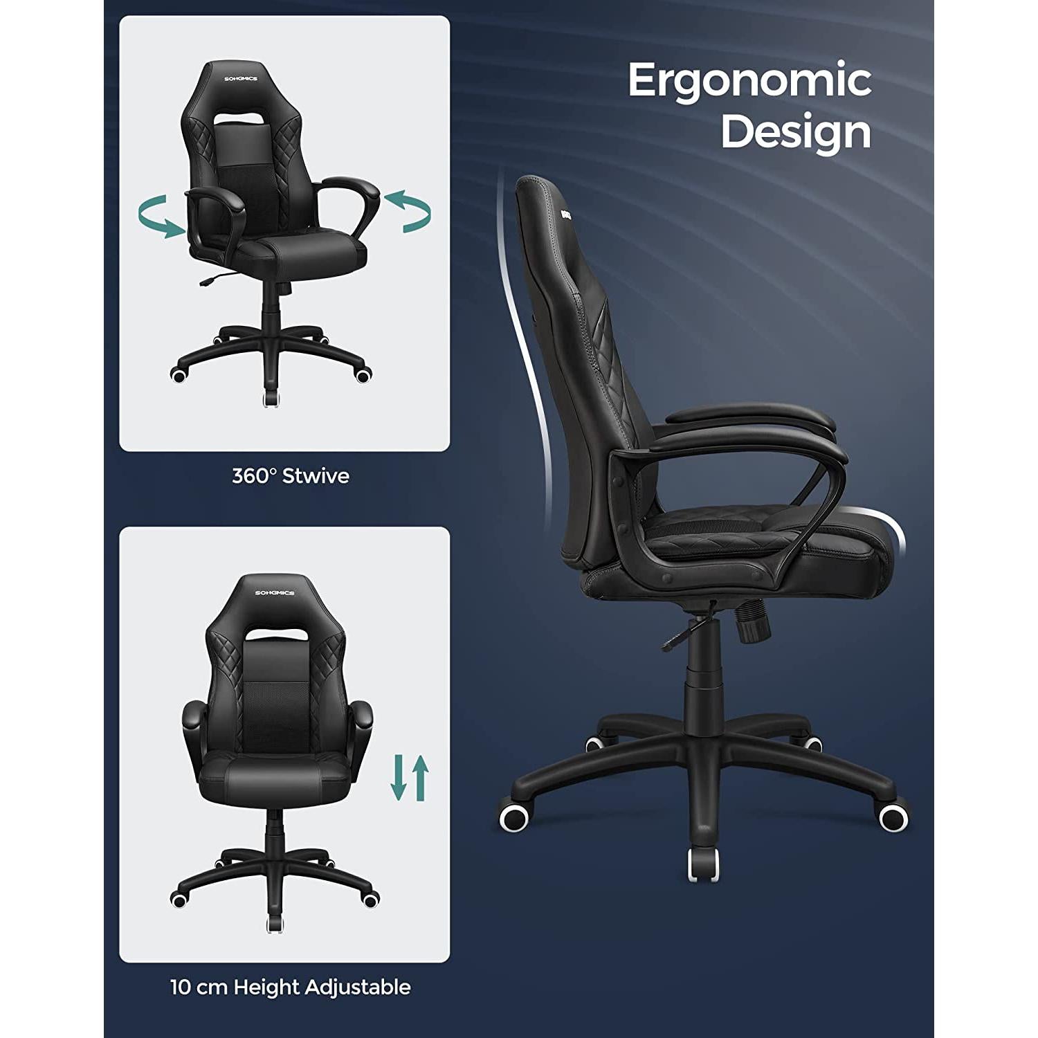 Gaming stolica, uredska stolica s dobrom potporom za leđa, crne boje | SONGMICS-vitahome.hr