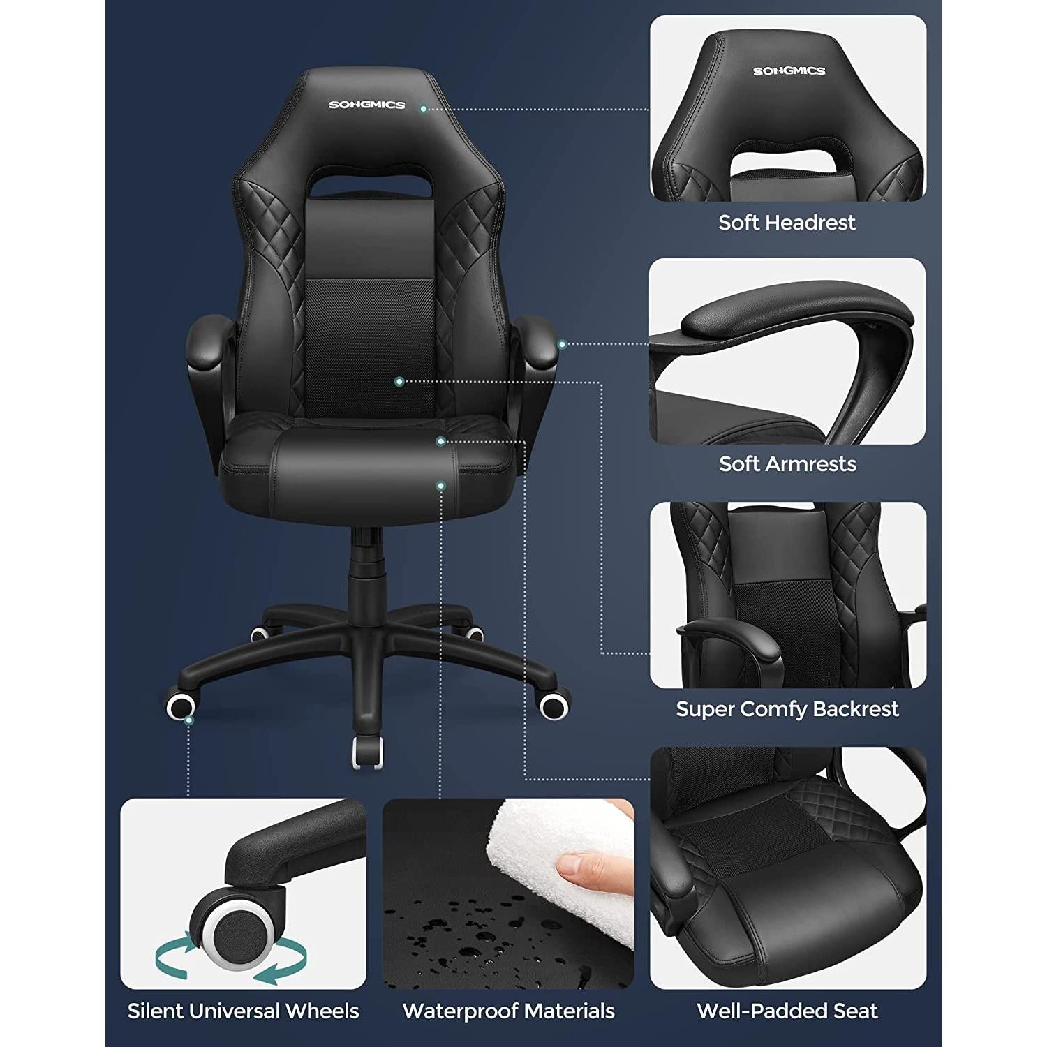 Gaming stolica, uredska stolica s dobrom potporom za leđa, crne boje | SONGMICS-vitahome.hr