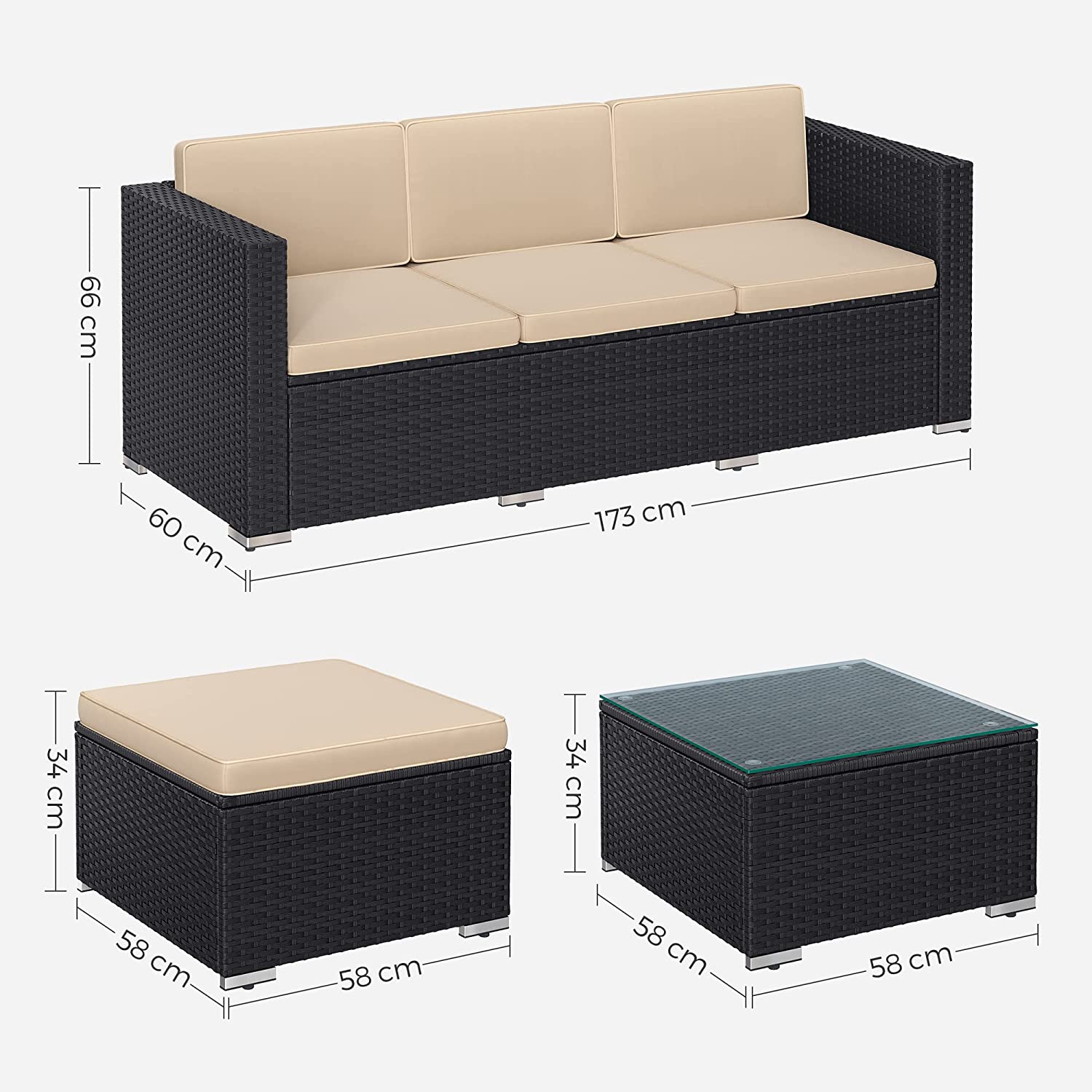 Garnitura vrtnog namještaja, 173 x 62 x 66 cm, smeđa, taupe | SONGMICS-vitahome.hr