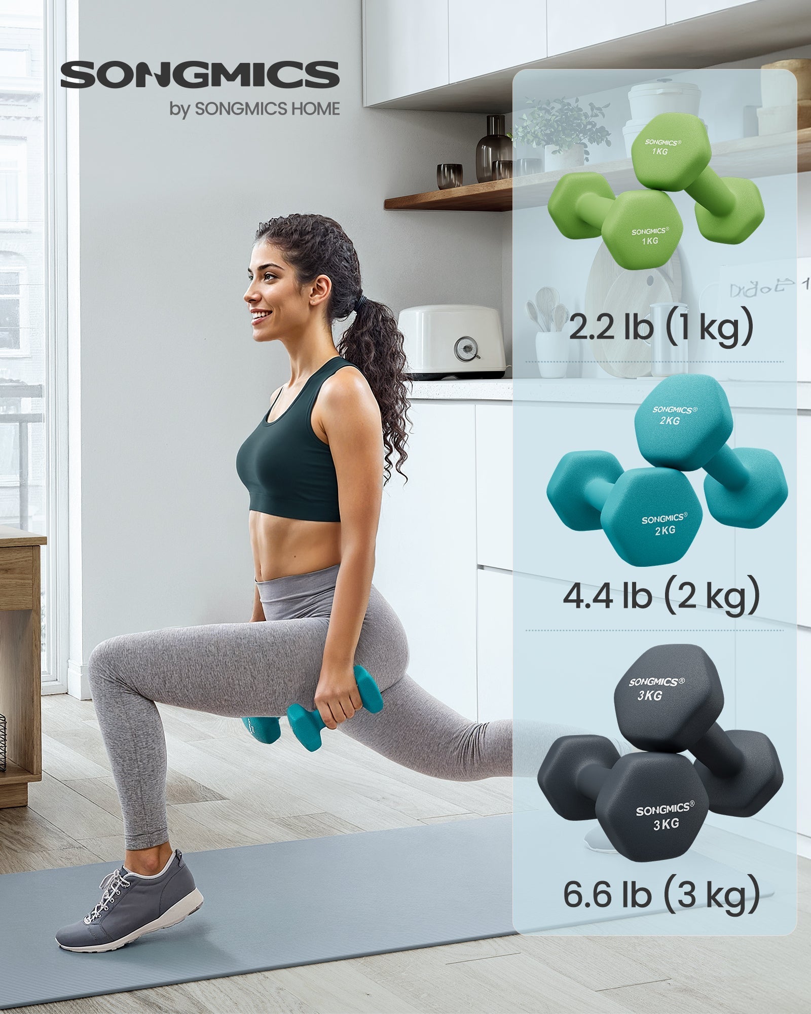 Hexa set bučica s postoljem - 1-3 kg, neoprenska, za kućno vježbanje