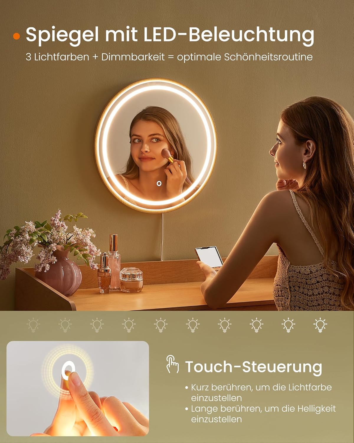HOME BOHOVEN toaletni stolić s ogledalom i svjetlom, hrast bež boje | SONGMICS-SONGMICS-Vita Home