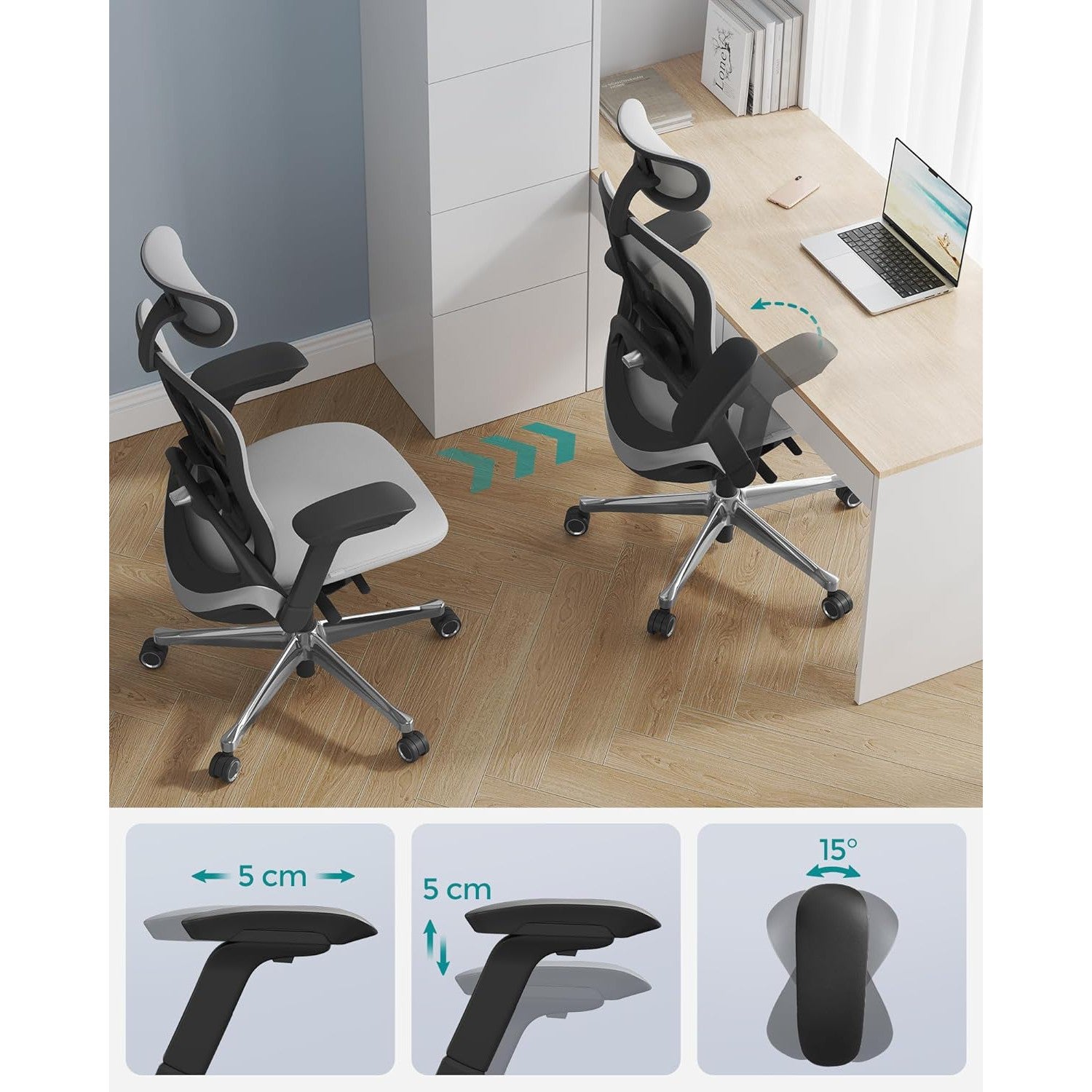 Irodai szék, ergonomikus állítható vászon szék, dönthető háttámlával, szürke-SONGMICS-Vita Home