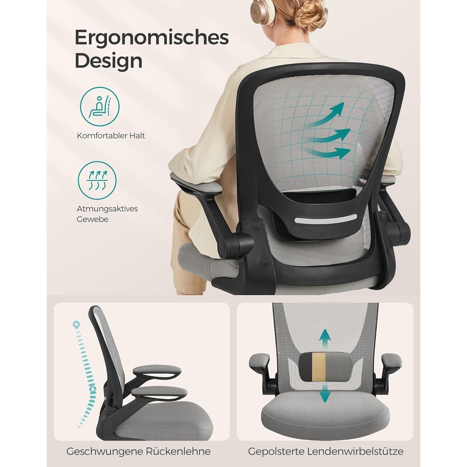 Irodai szék, ergonomikus, hálós forgószék, szürke-SONGMICS-Vita Home