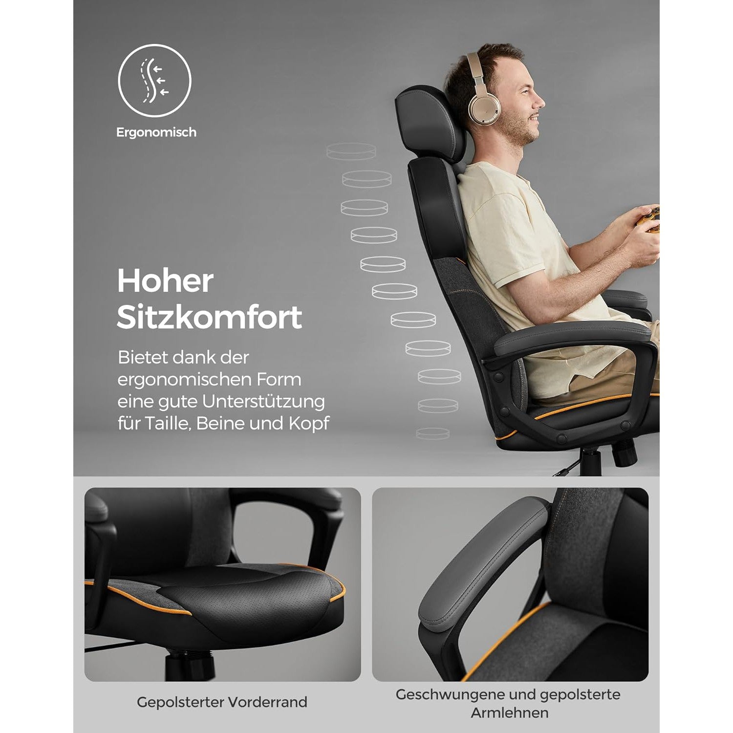 Irodai szék, számítógépes szék, állítható fejtámlával, fekete-SONGMICS-Vita Home