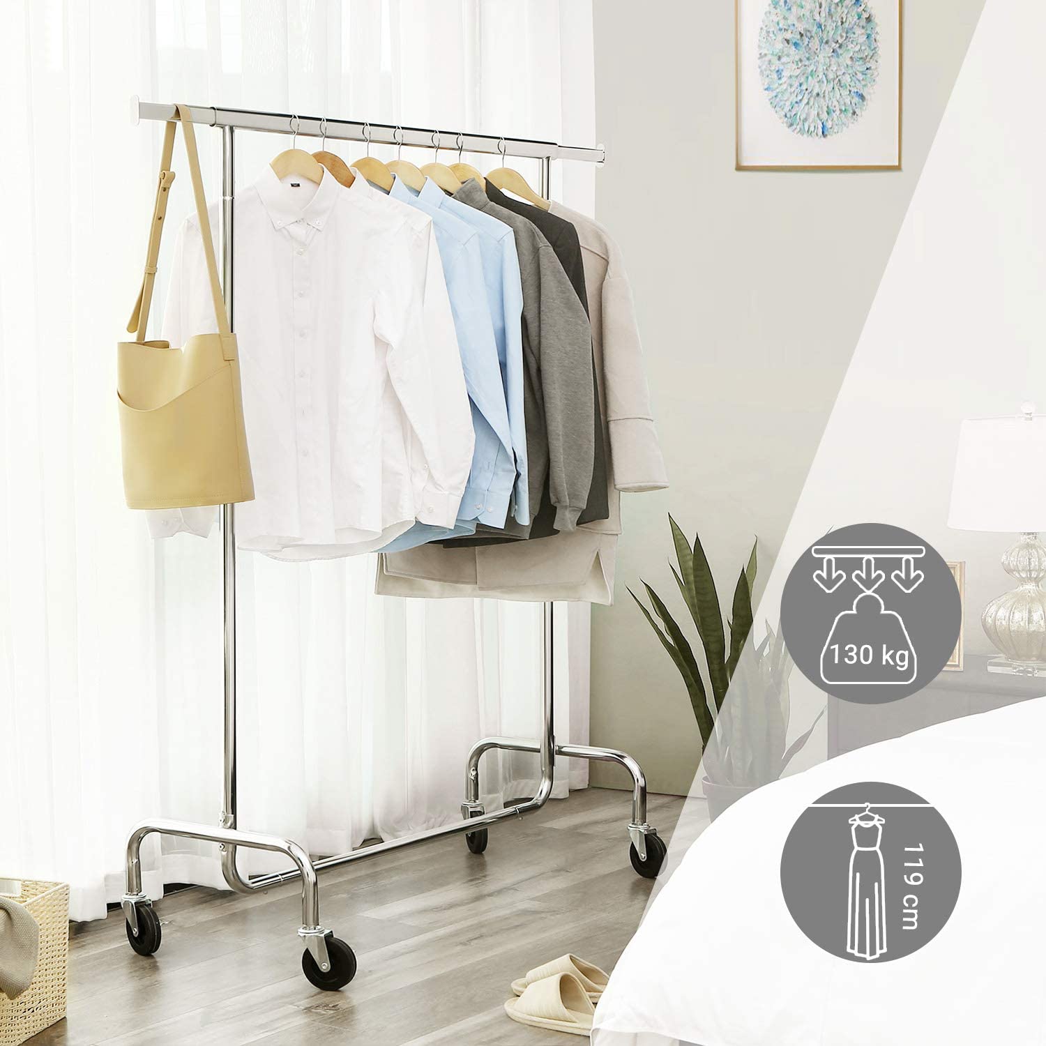 Izdržljivi metalni stalak za odjeću na kotače, nosivost 130 kg, 110-150 cm | SONGMICS-vitahome.hr
