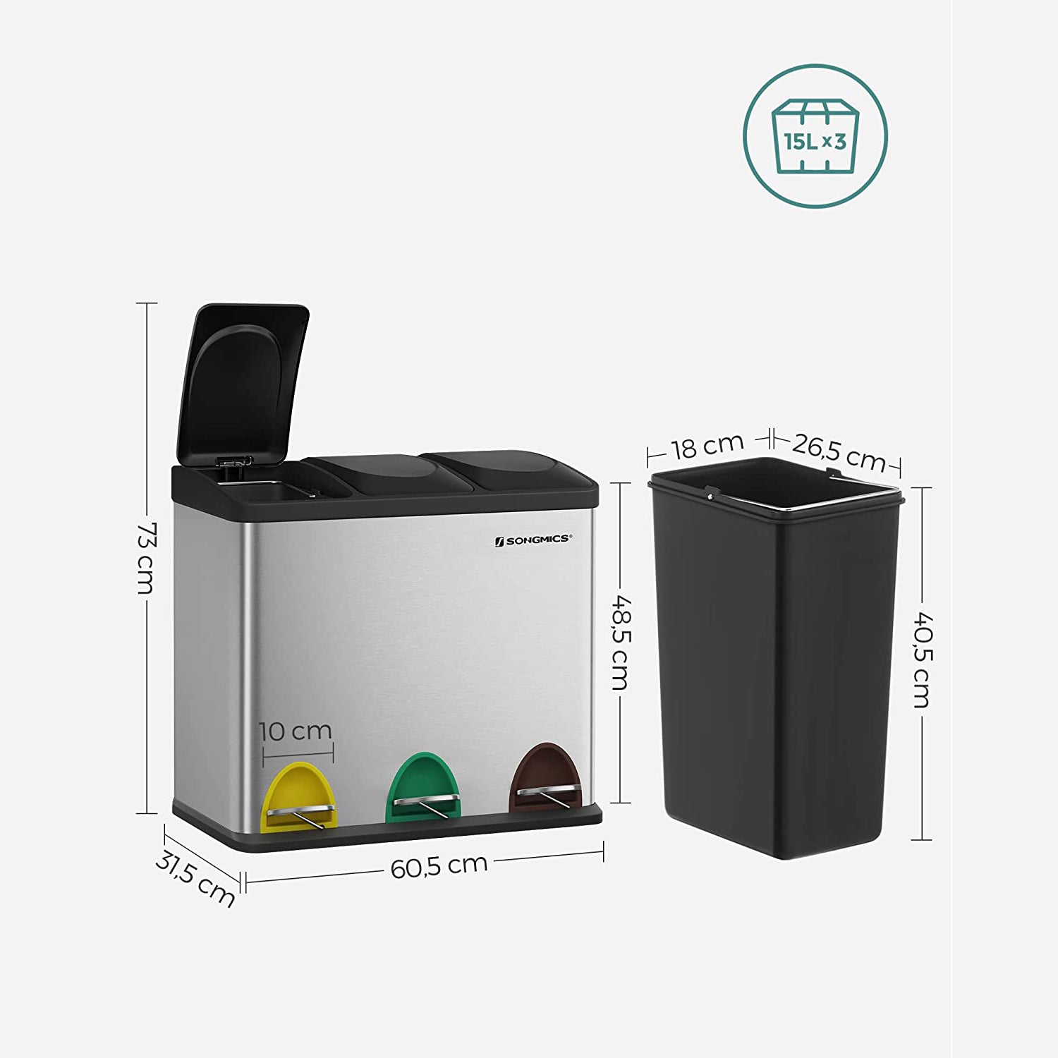 Kanta na pedalu nehrđajuća, selektivni sakupljač smeća 45L (3 x 15L) | SONGMICS-vitahome.hr