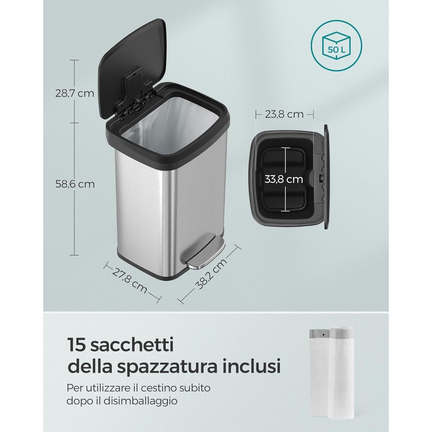 Kanta za otpad kapaciteta 50 litara, 40,4 x 32,1 x 58,6 cm, srebrno-crna | SONGMICS-vitahome.hr