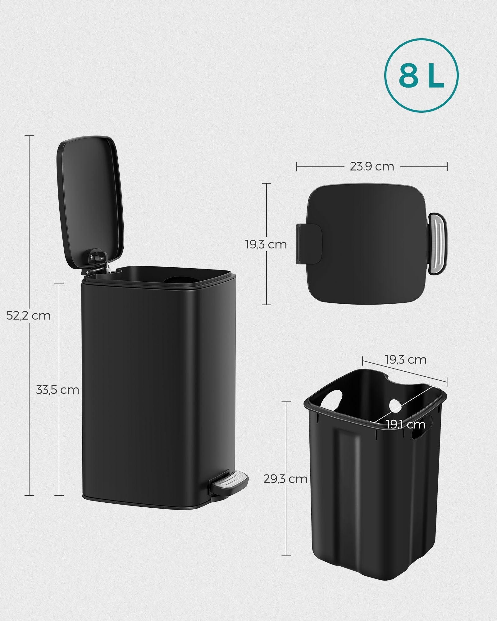 Kanta za otpad kapaciteta 8 l, 24 x 19,3 x 33,5 cm, crna | SONGMICS-vitahome.hr