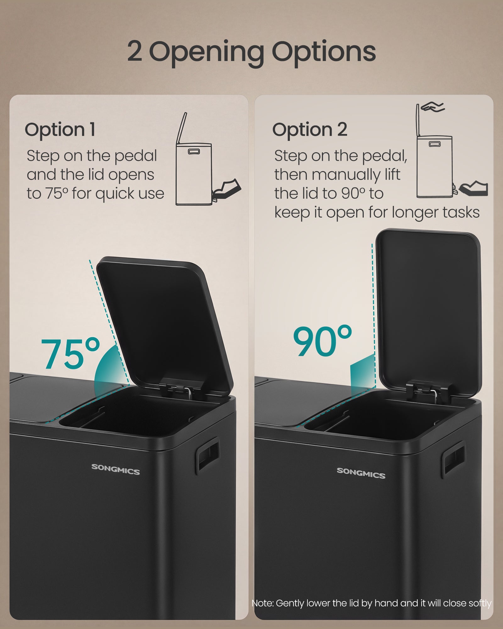 Kanta za selektivni odpad s 3 pregrade, 2 x 18L, 62 x 35,3 x 54 cm, crna | SONGMICS