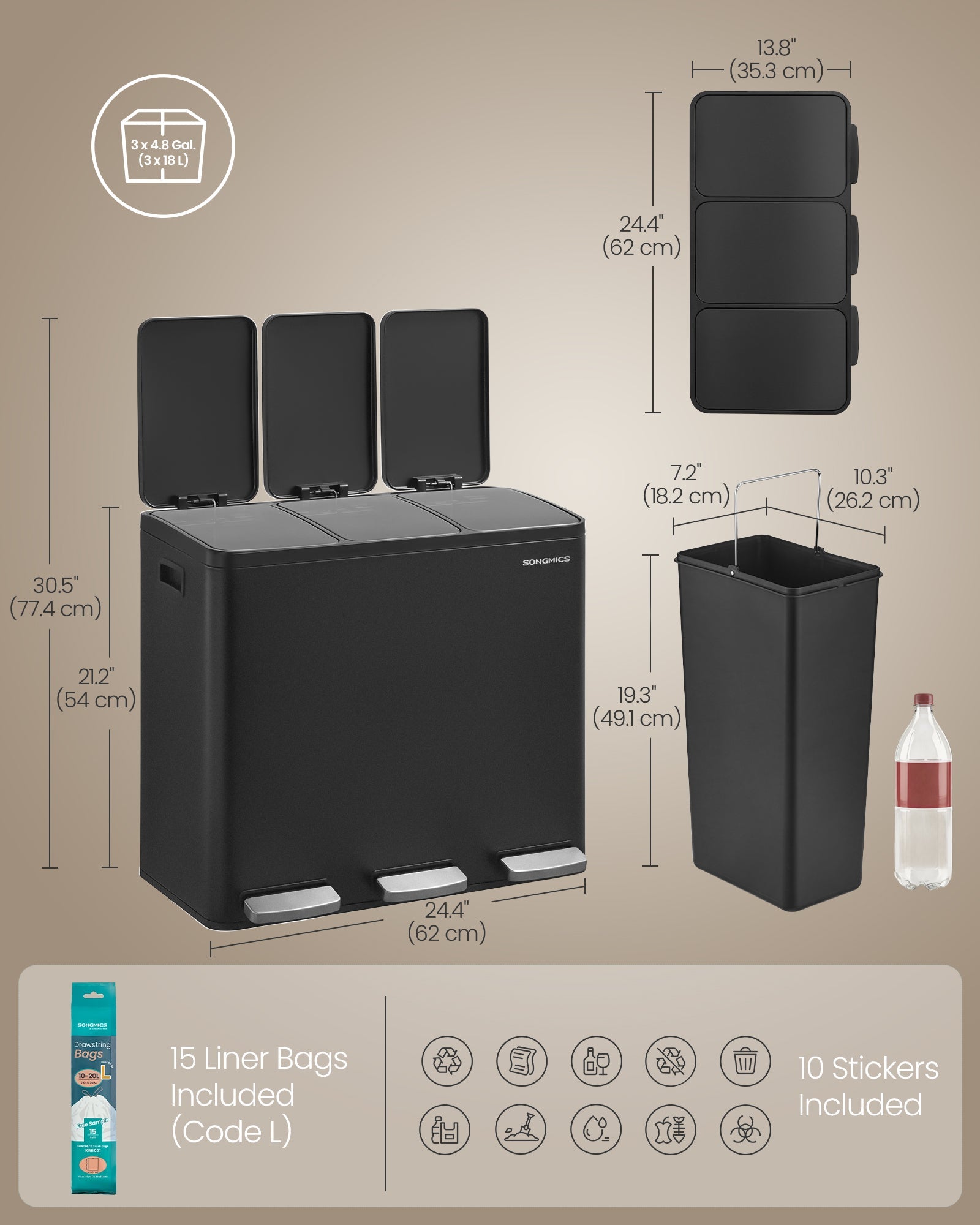 Kanta za selektivni odpad s 3 pregrade, 2 x 18L, 62 x 35,3 x 54 cm, crna | SONGMICS