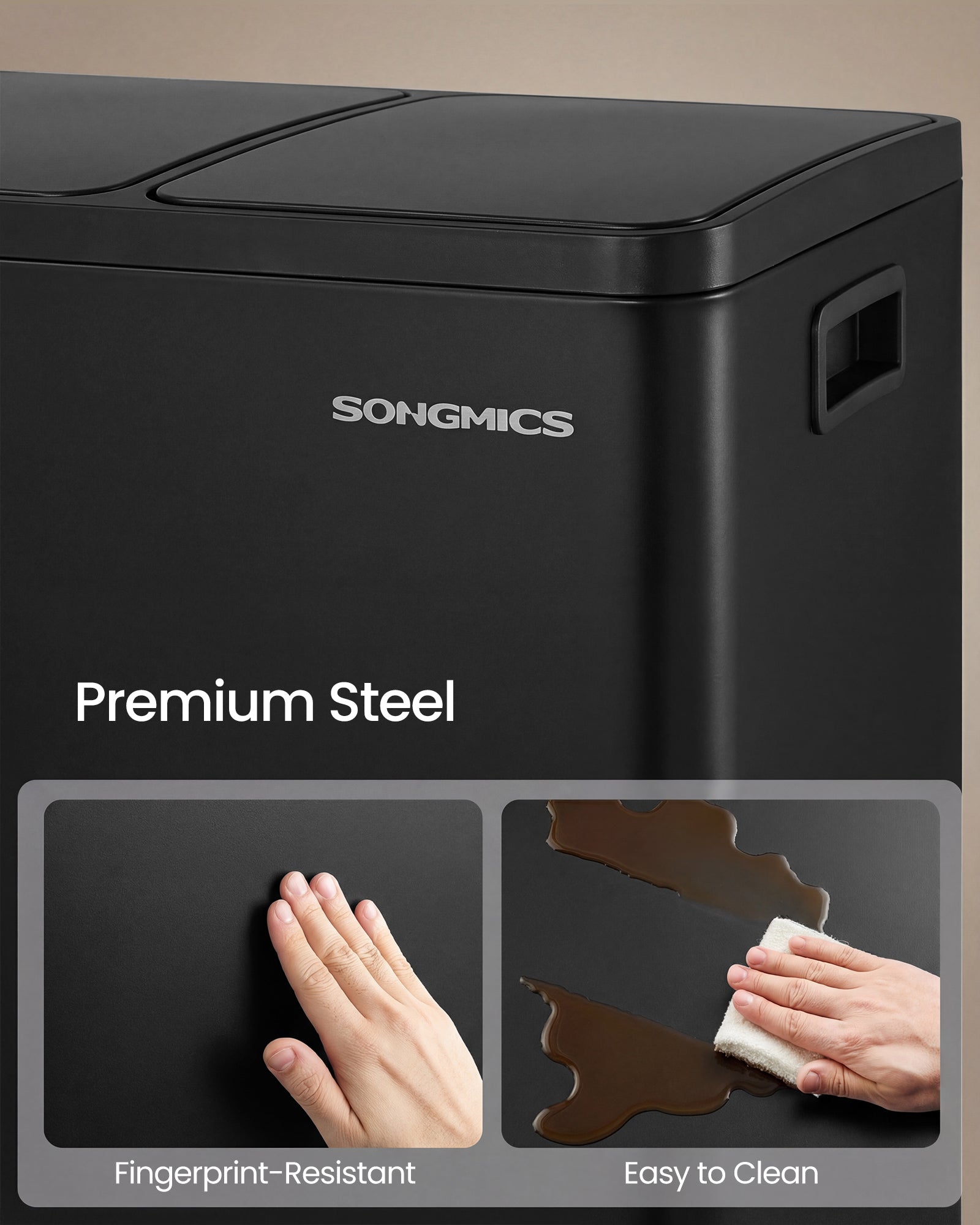 Kanta za selektivni odpad s 3 pregrade, 2 x 18L, 62 x 35,3 x 54 cm, crna | SONGMICS