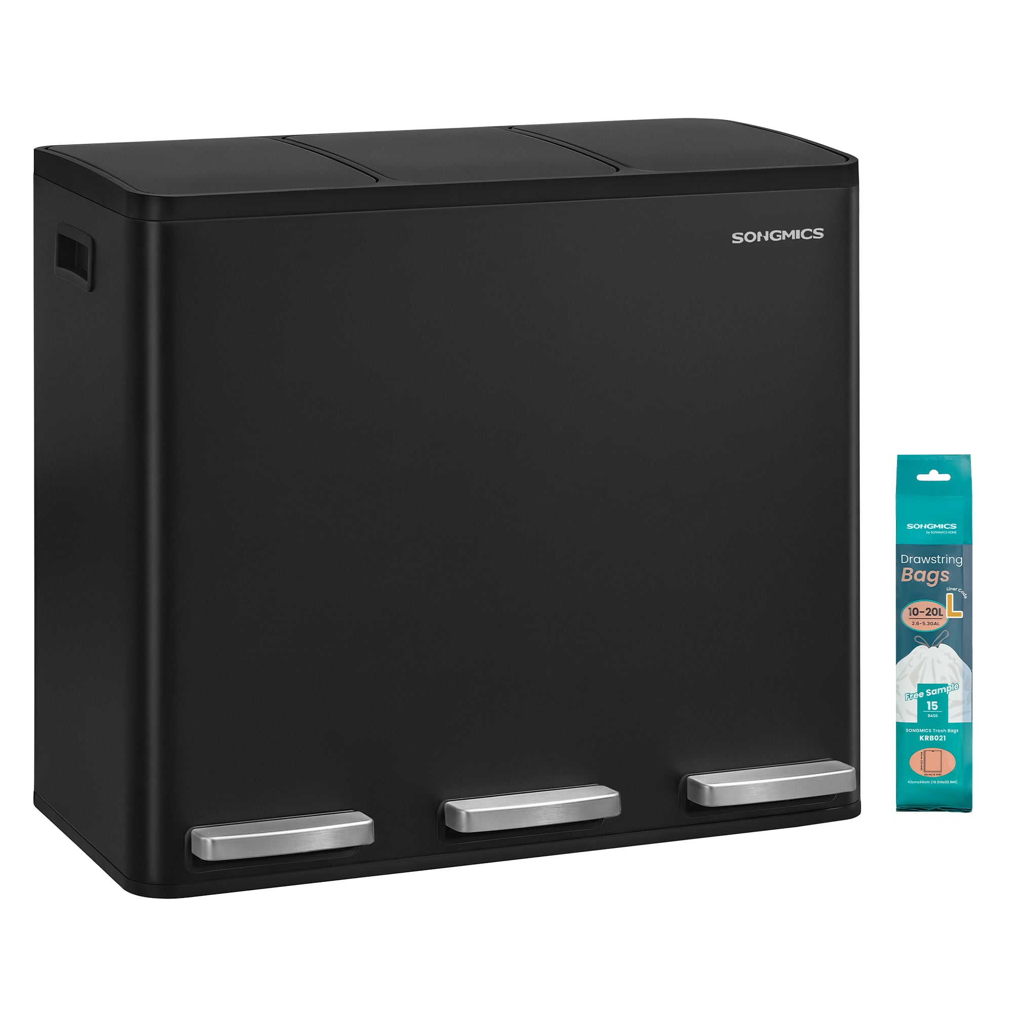Kanta za selektivni odpad s 3 pregrade, 2 x 18L, 62 x 35,3 x 54 cm, crna | SONGMICS