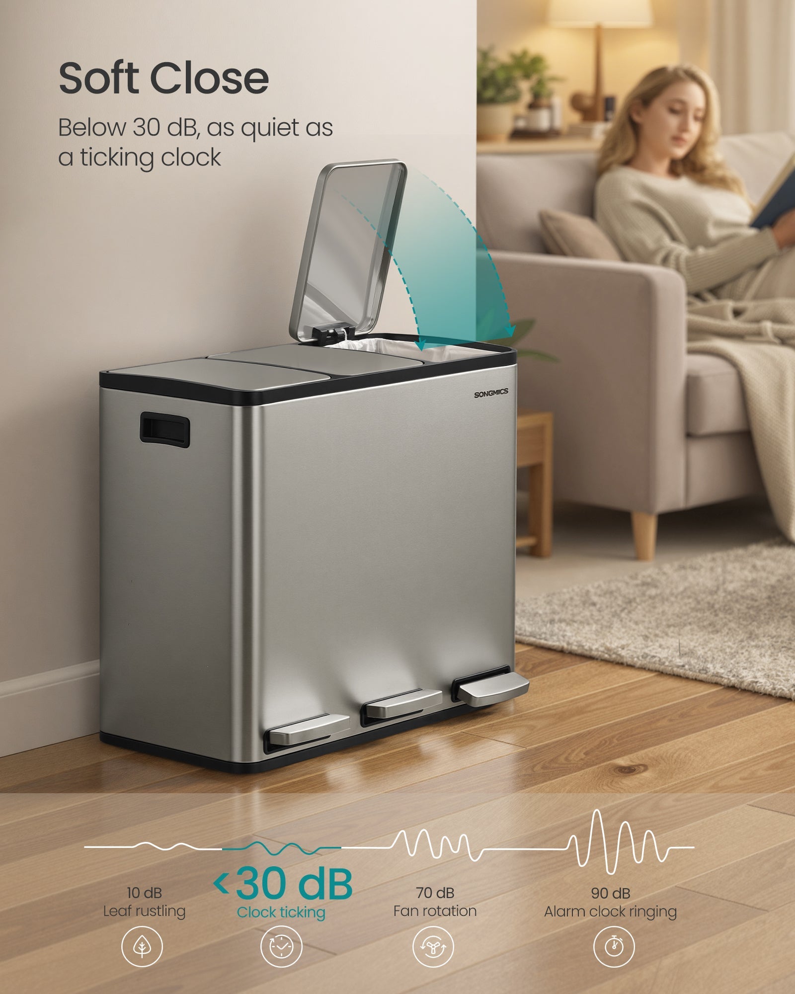 Kanta za selektivni odpad s 3 pregrade, 3x 18L, 62 x 35,3 x 54 cm, srebrna | SONGMICS