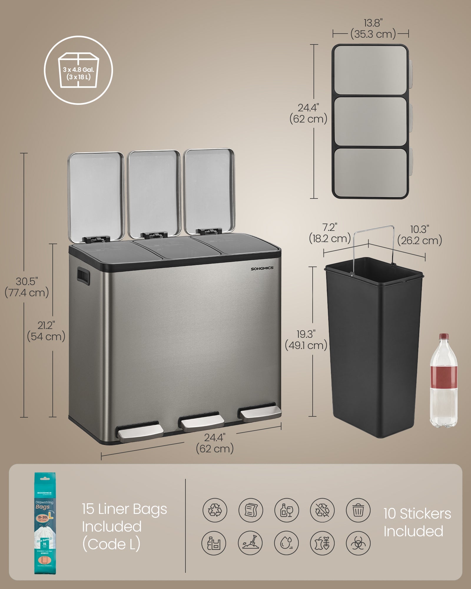 Kanta za selektivni odpad s 3 pregrade, 3x 18L, 62 x 35,3 x 54 cm, srebrna | SONGMICS