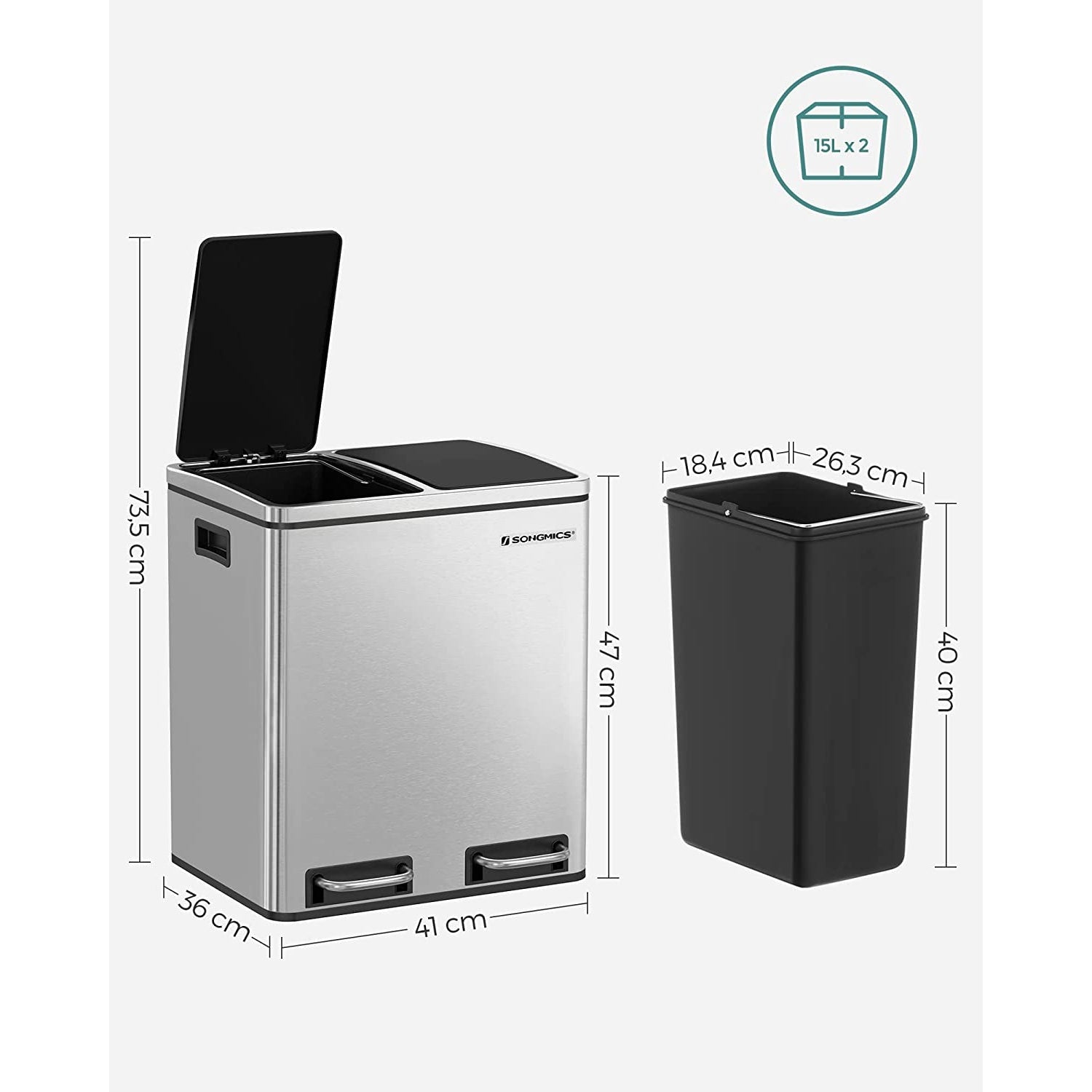 Kanta za selektivni otpad od 30 L, 2 kuhinjske kante od 15 litara | SONGMICS-vitahome.hr