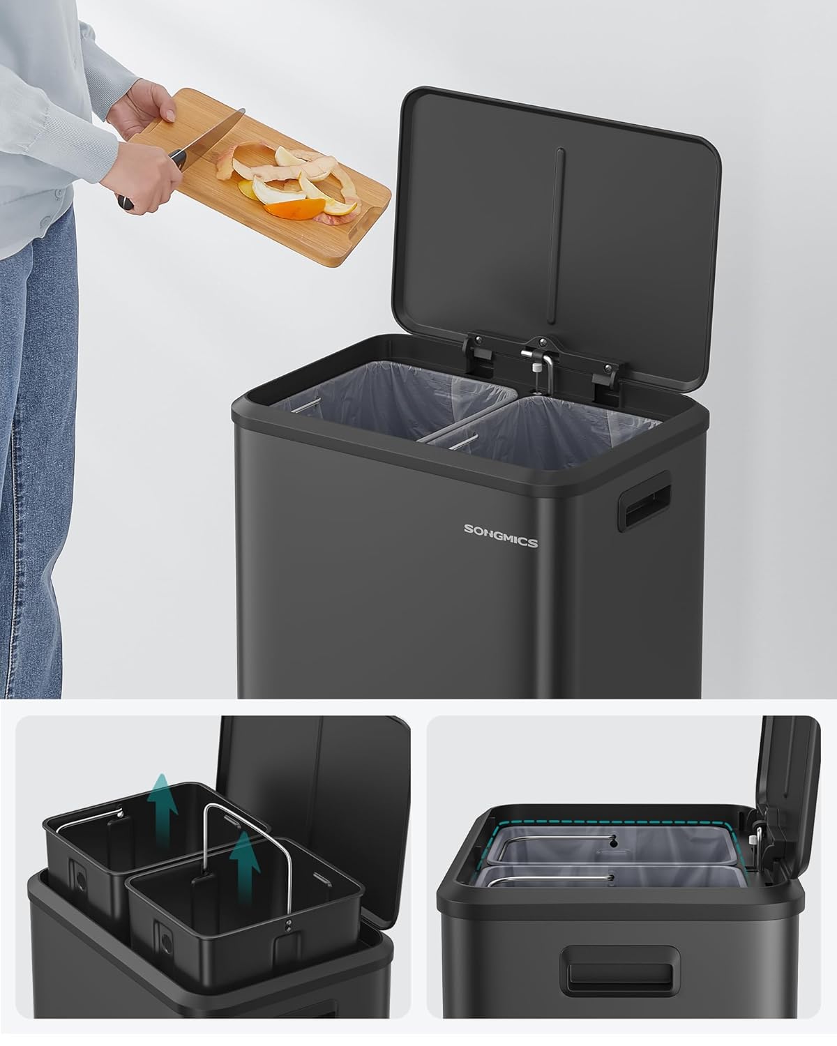 Kanta za smeće od nehrđajućeg čelika, 2 x 15 l, 41,7 × 33,2 × 49,4 cm, crna | SONGMICS-SONGMICS-Vita Home
