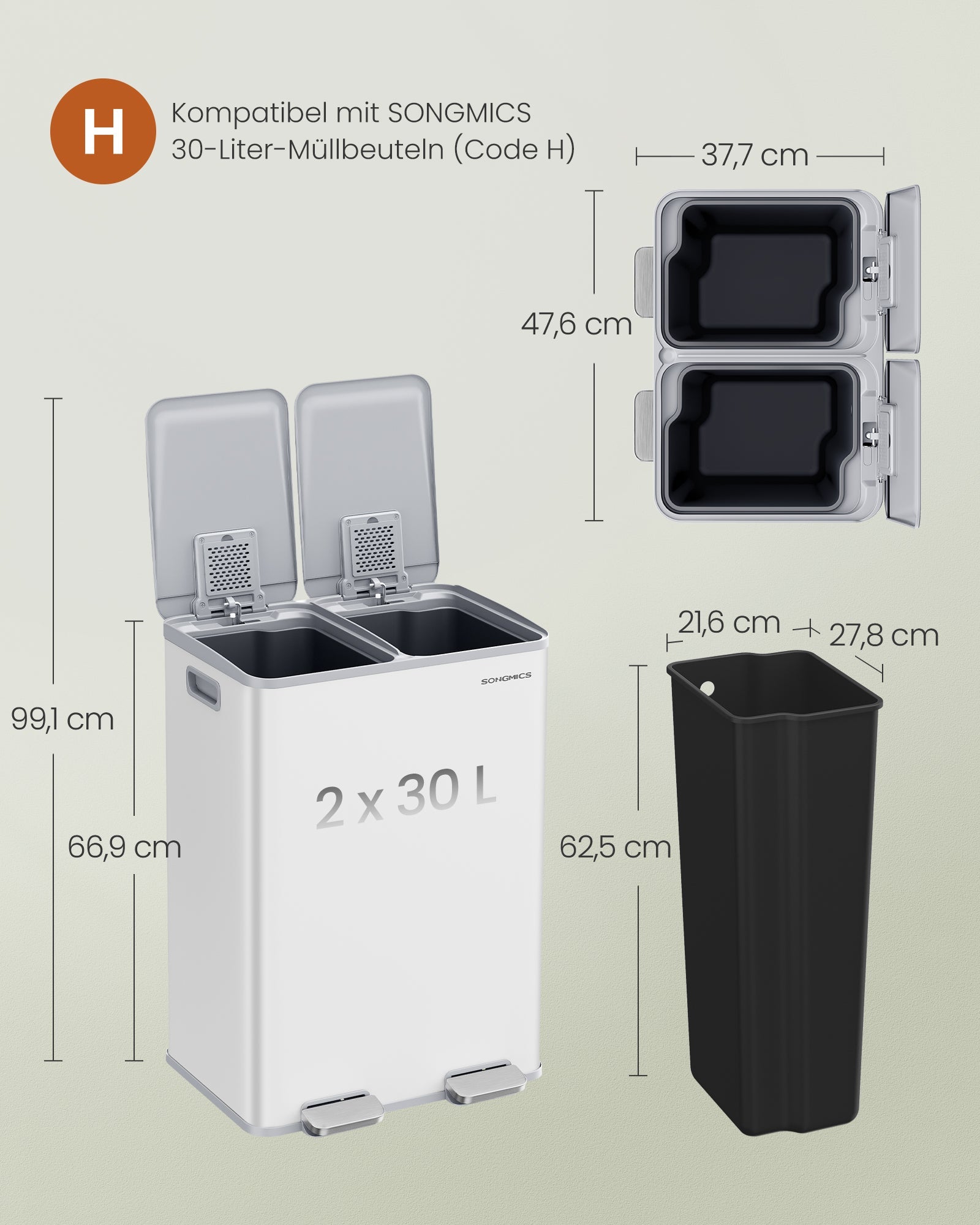 Kanta za smeće s 2 odjeljka, 2x30L, 47,6 x 37,7 x 66,9 cm, bijela | SONGMICS