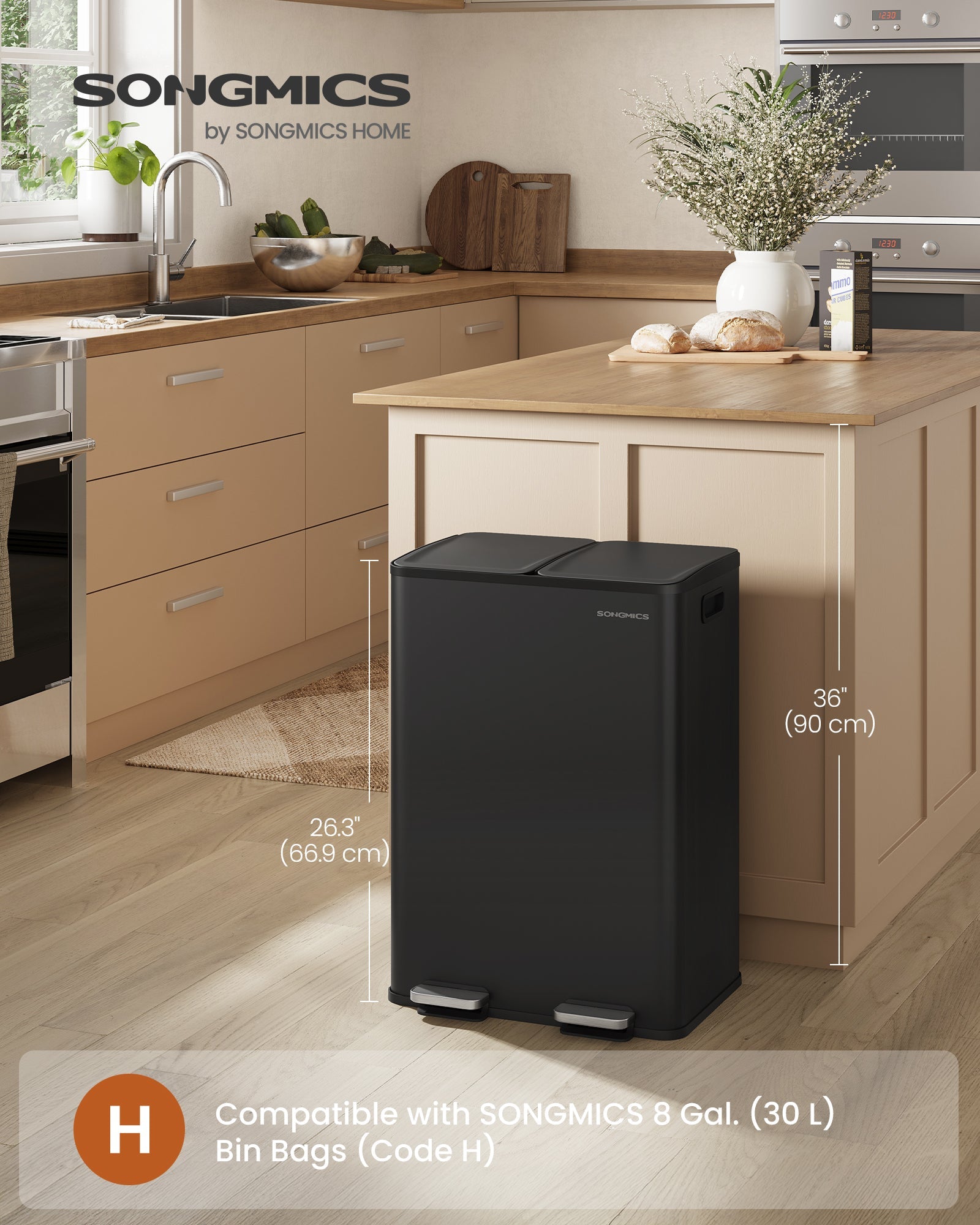 Kanta za smeće s 2 pregrade, 2x30L, 47,6 x 37,7 x 66,9 cm, crna | SONGMICS