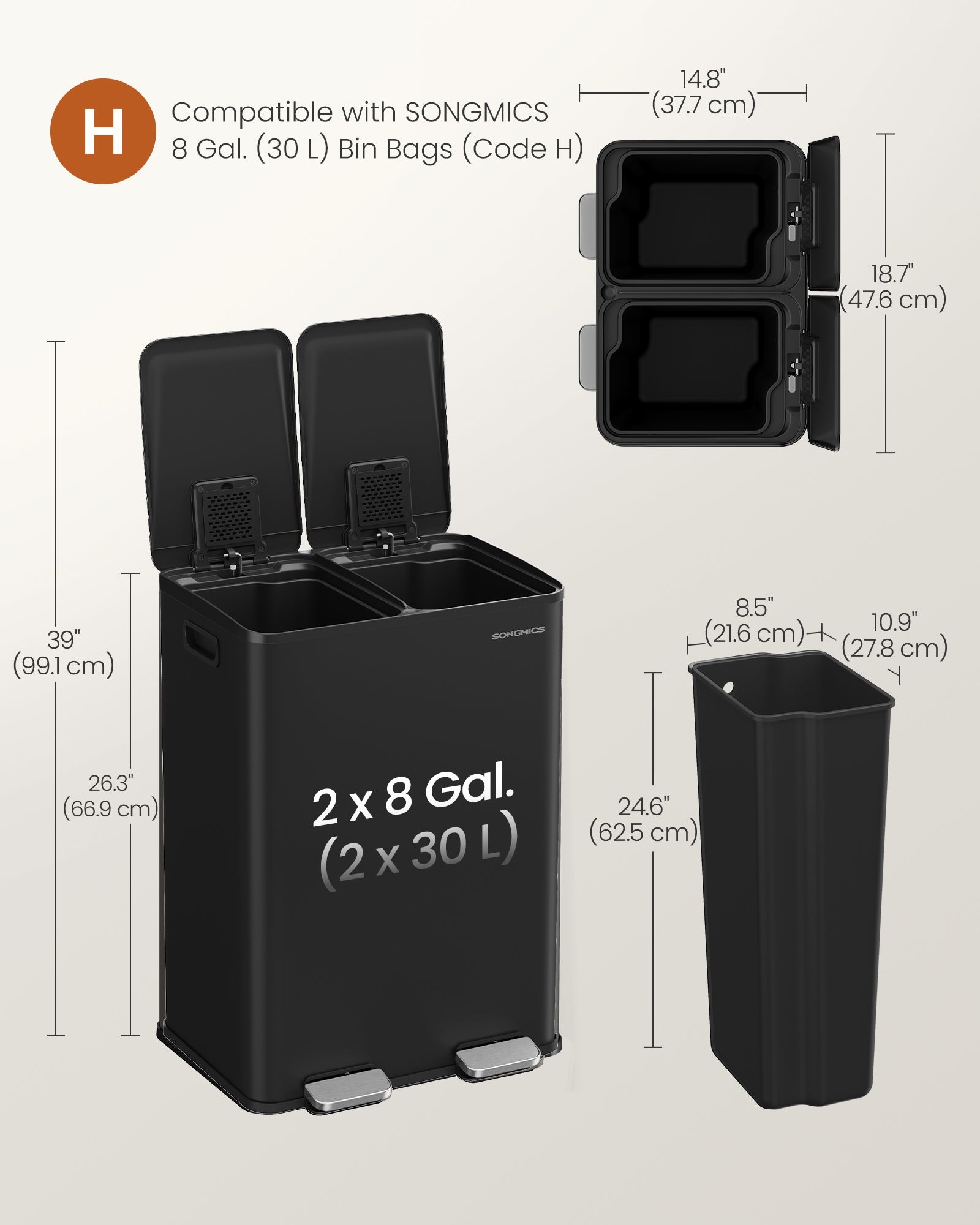 Kanta za smeće s 2 pregrade, 2x30L, 47,6 x 37,7 x 66,9 cm, crna | SONGMICS