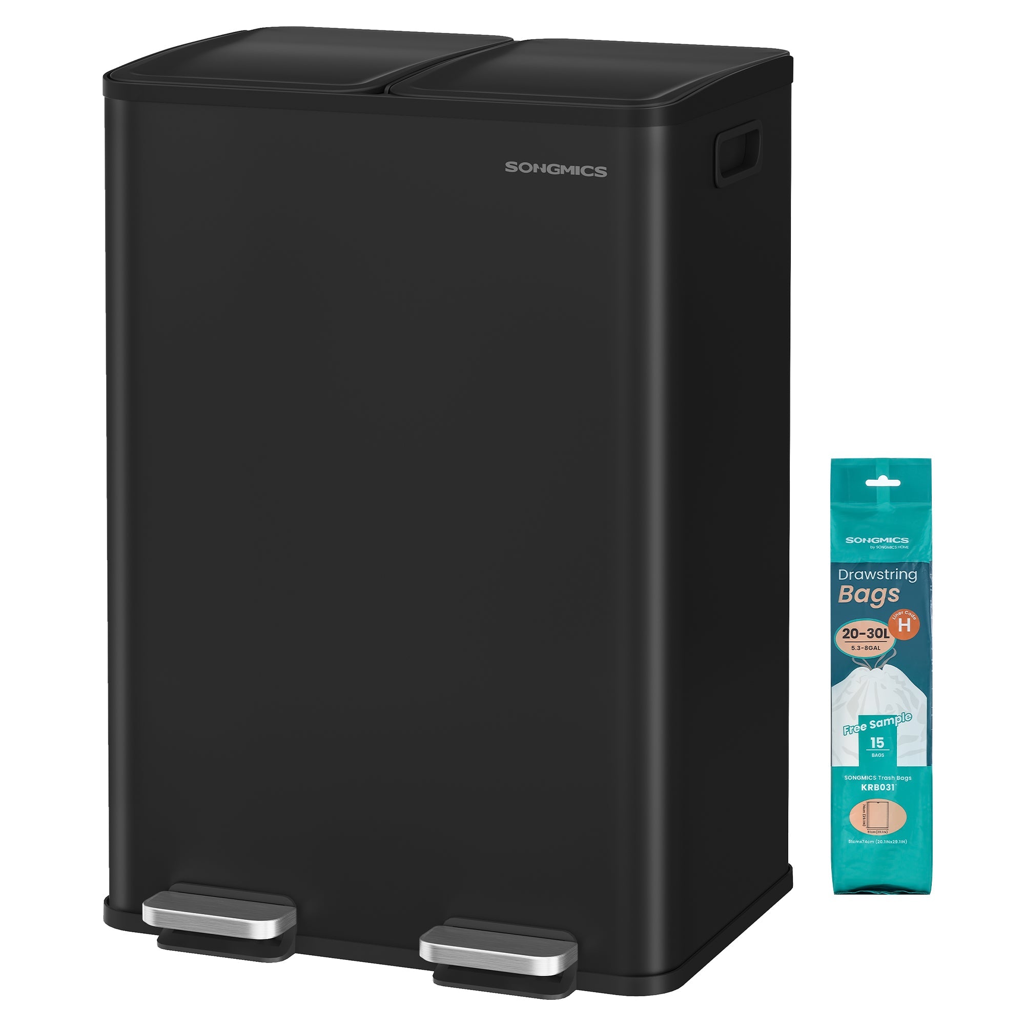 Kanta za smeće s 2 pregrade, 2x30L, 47,6 x 37,7 x 66,9 cm, crna | SONGMICS
