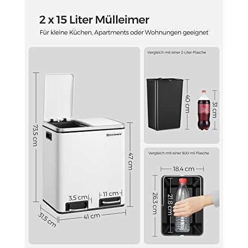 Kanta za smeće s dva odjeljka, kapaciteta 2 x 15 L, meko zatvaranje, bijela | SONGMICS-vitahome.hr