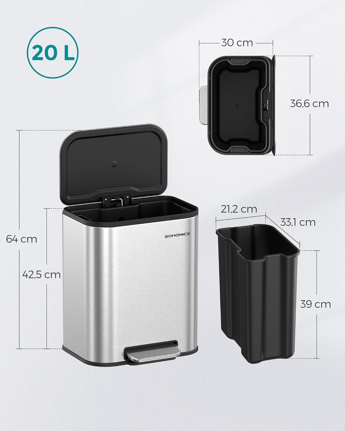 Kanta za smeće s pedalom, kapaciteta 20L, 36,6 × 30 × 42,5 cm, srebrna | SONGMICS