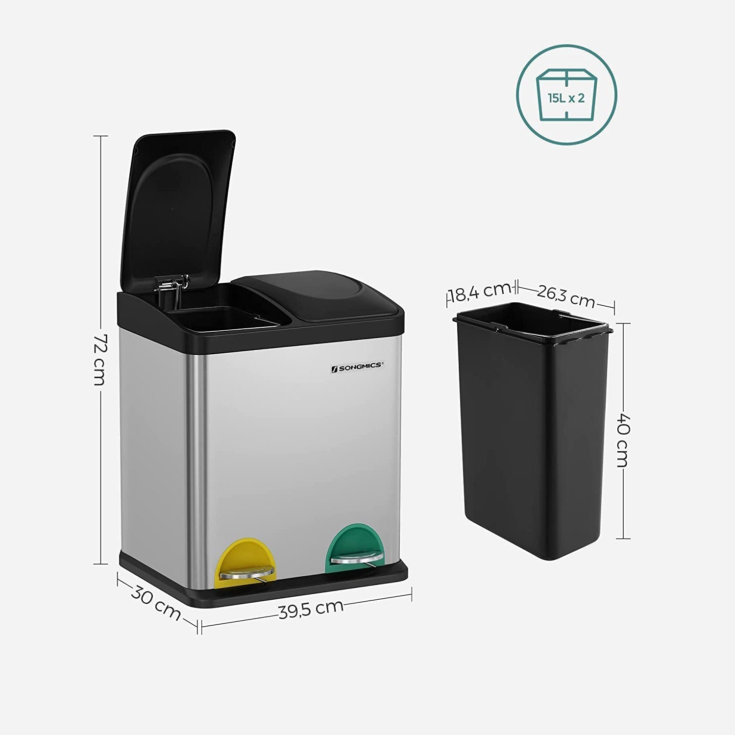 Kanta za smeće, selektivni sakupljač otpada, čelična, 30 litara, 2 x 15L | SONGMICS-vitahome.hr