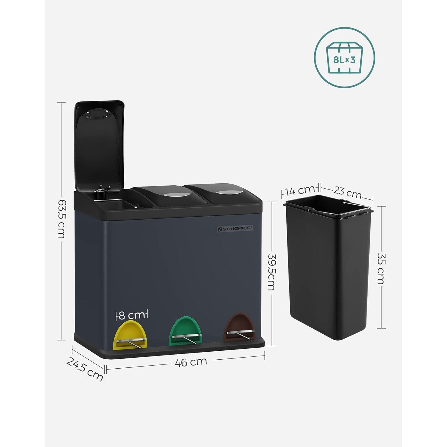 Kanta za smeće za recikliranje, kanta s pedalom 3 u 1 od 24 litre, siva | SONGMICS-vitahome.hr