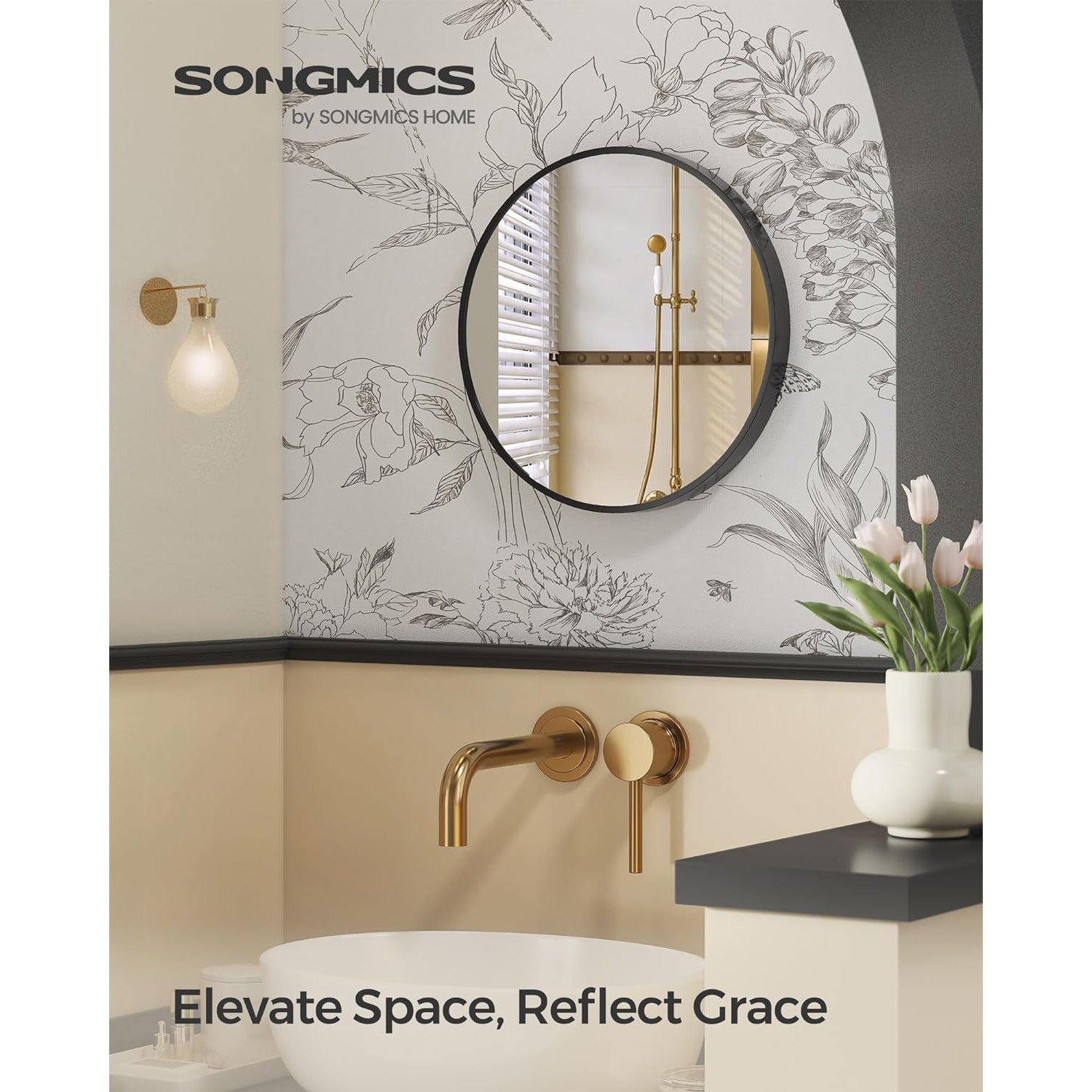 Kerek fürdőszobai tükör fekete keretben 40 cm-SONGMICS-Vita Home