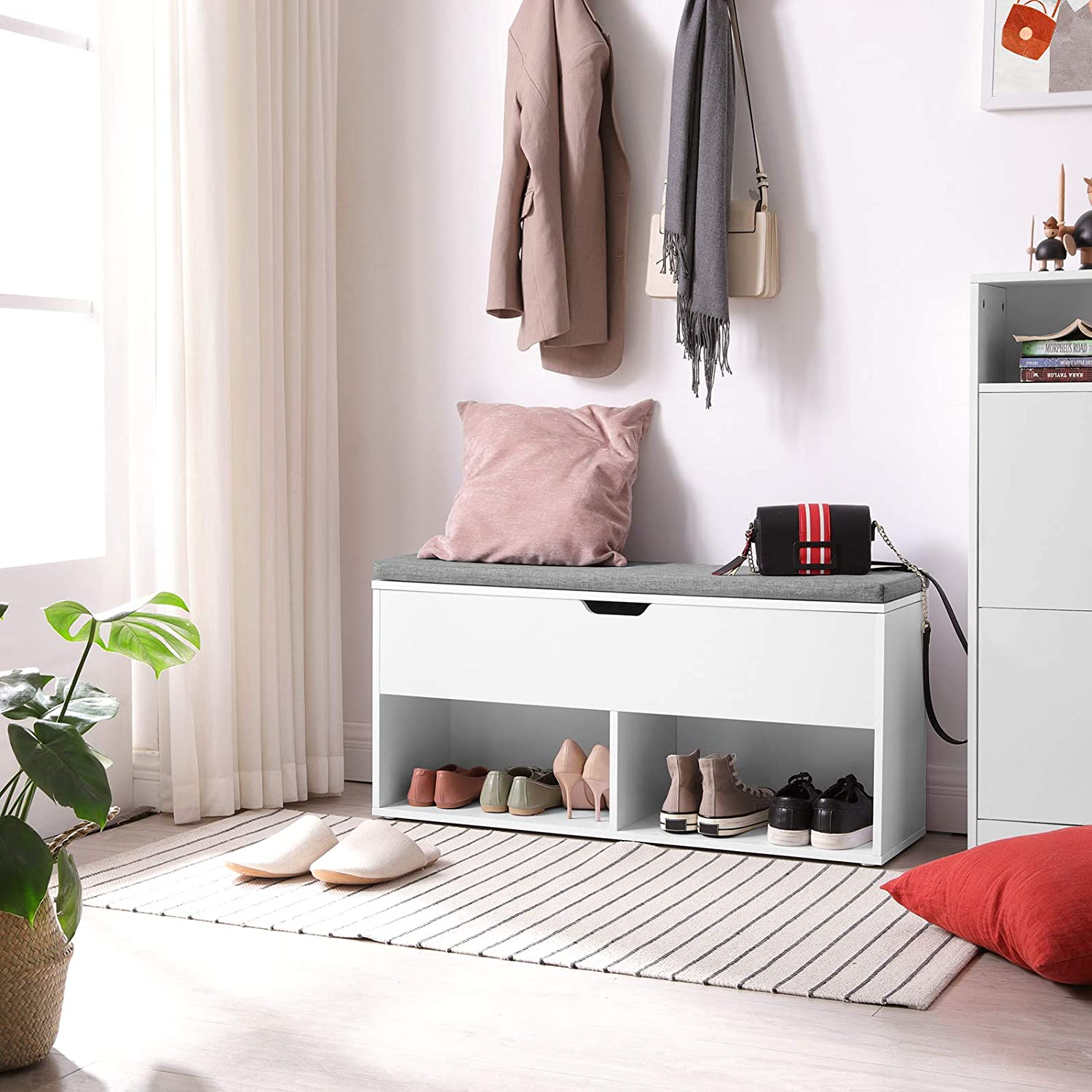 Klupa s podstavljenim sjedalom i prostorom za cipele, 100x48x30 cm, bijela | VASAGLE-vitahome.hr