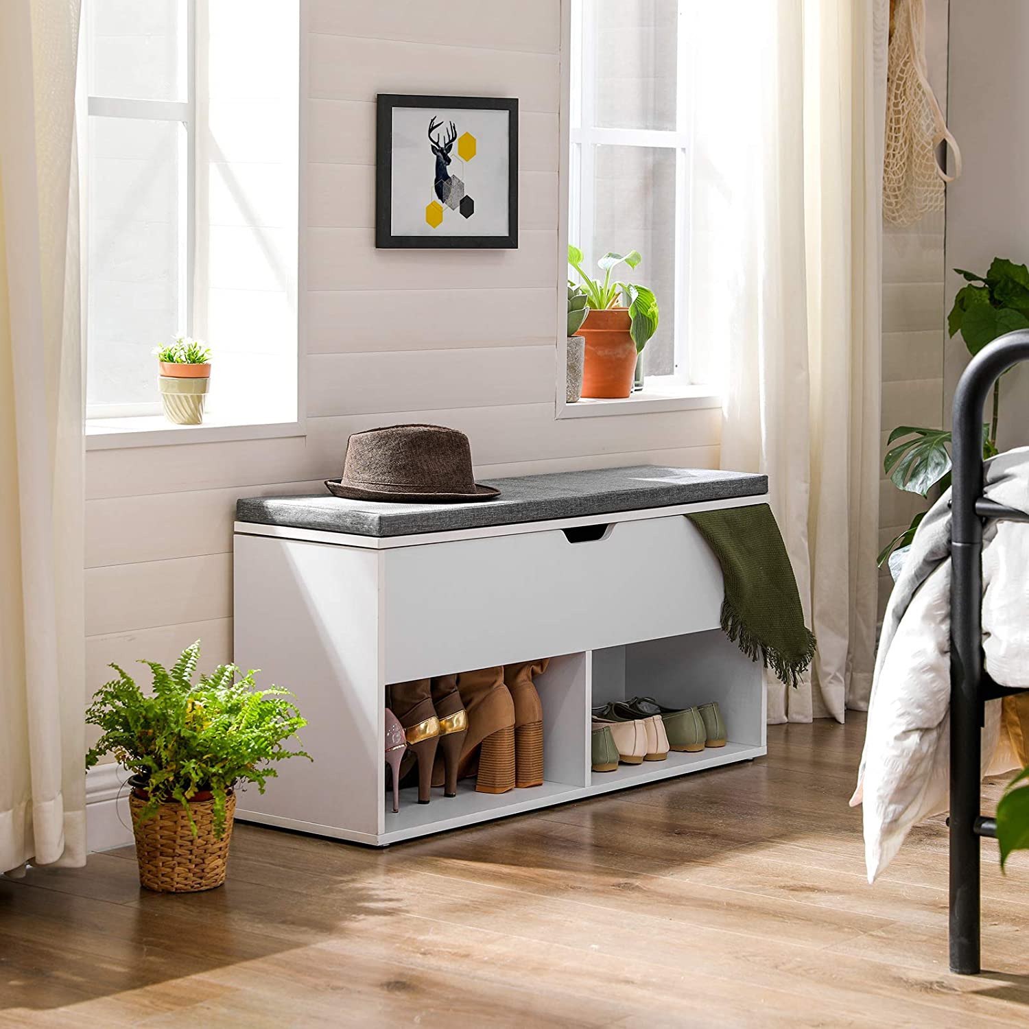 Klupa s podstavljenim sjedalom i prostorom za cipele, 100x48x30 cm, bijela | VASAGLE-vitahome.hr