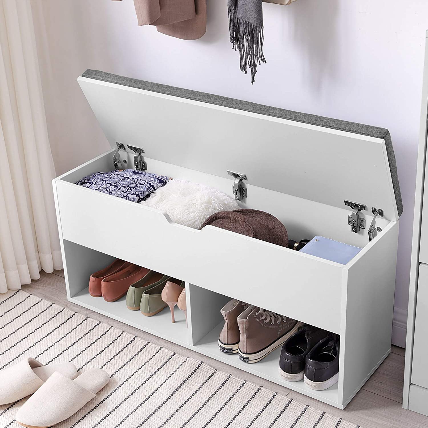 Klupa s podstavljenim sjedalom i prostorom za cipele, 100x48x30 cm, bijela | VASAGLE-vitahome.hr