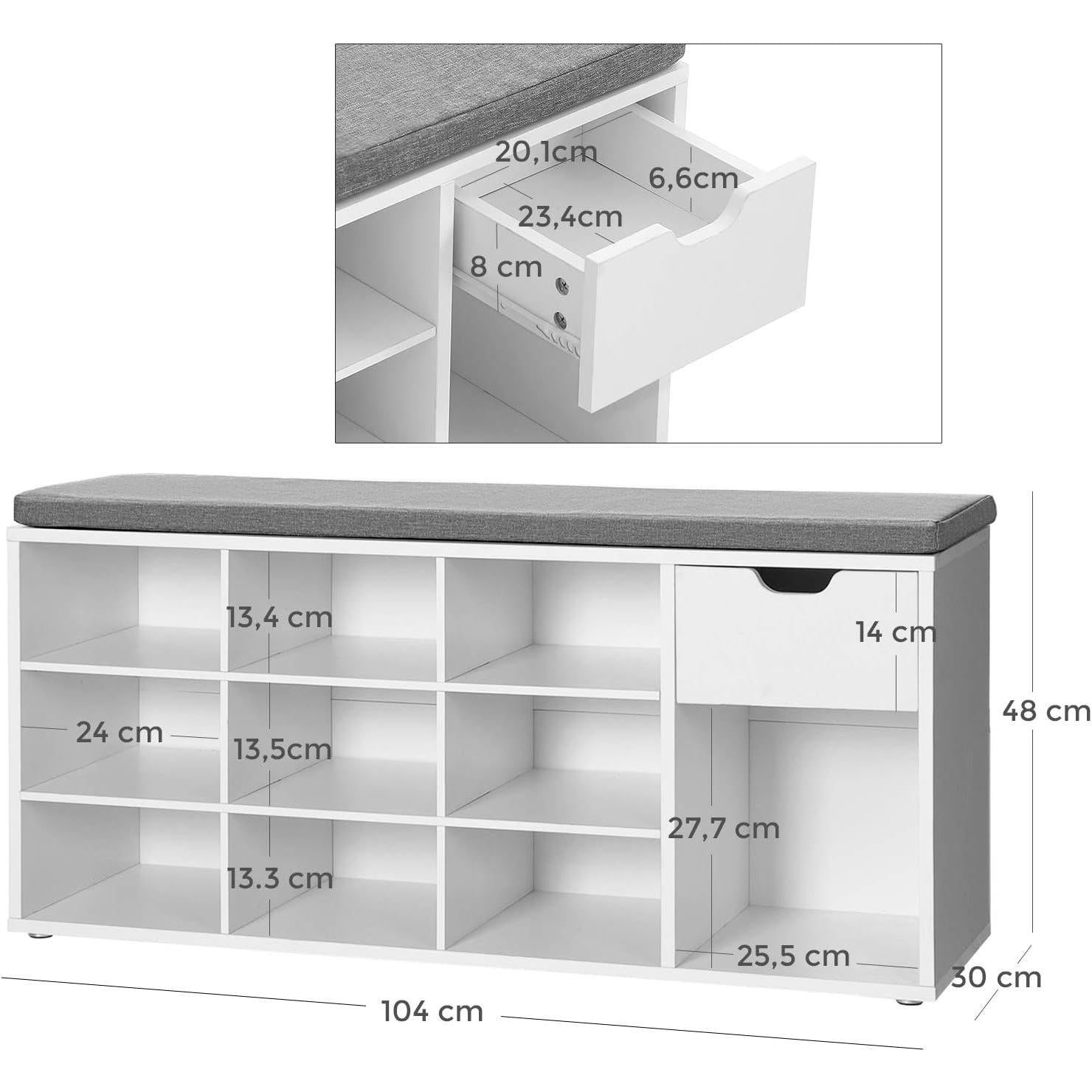 Klupa s policama za cipele, 104 x 30 x 48 cm, bijelo-siva | VASAGLE-vitahome.hr