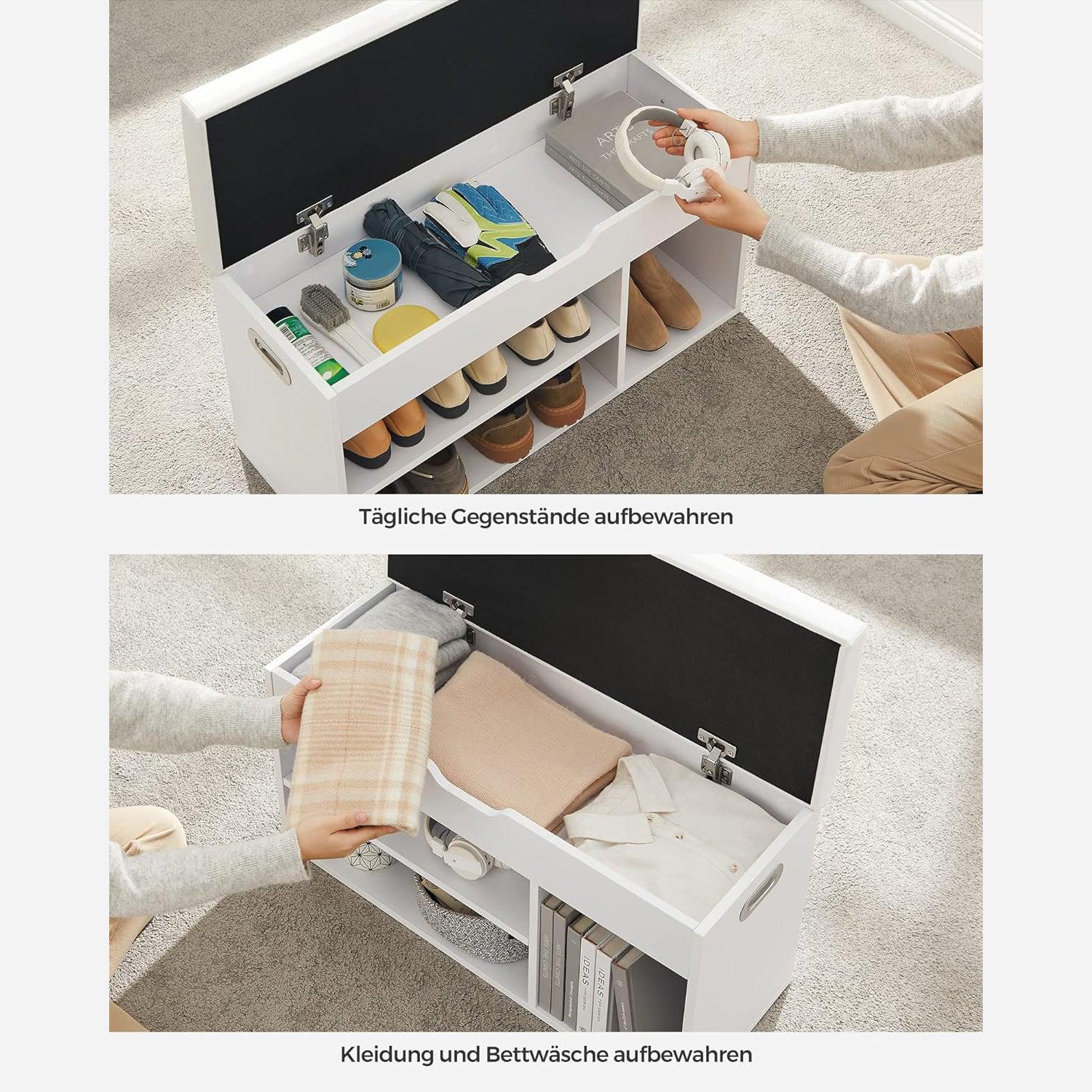 Klupa s policama za cipele i spremištem ispod sjedala 80 x 44 x 30 cm, bijela | VASAGLE-vitahome.hr