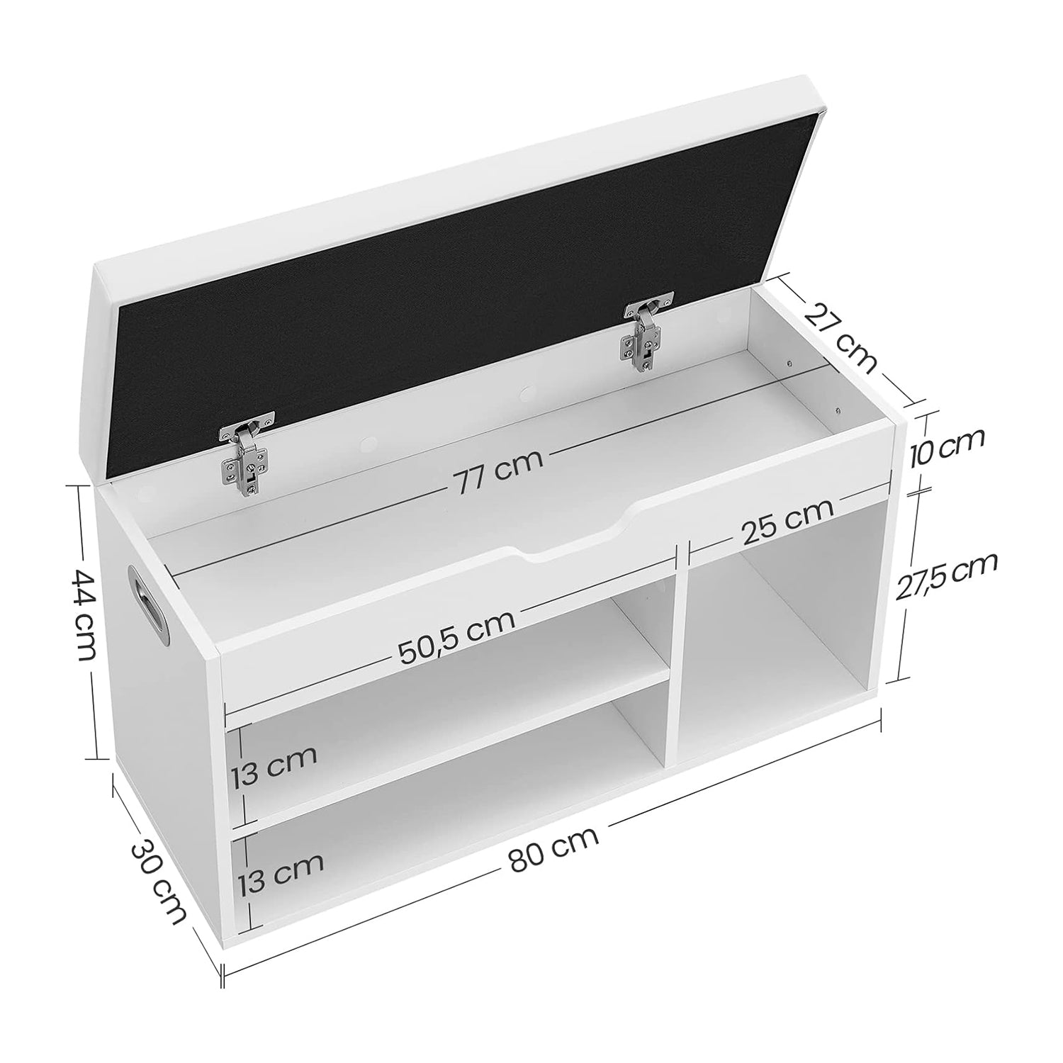 Klupa s policama za cipele i spremištem ispod sjedala 80 x 44 x 30 cm, bijela | VASAGLE-vitahome.hr
