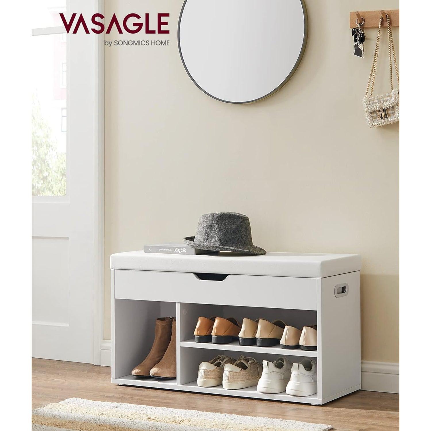 Klupa s policama za cipele i spremištem ispod sjedala 80 x 44 x 30 cm, bijela | VASAGLE-vitahome.hr