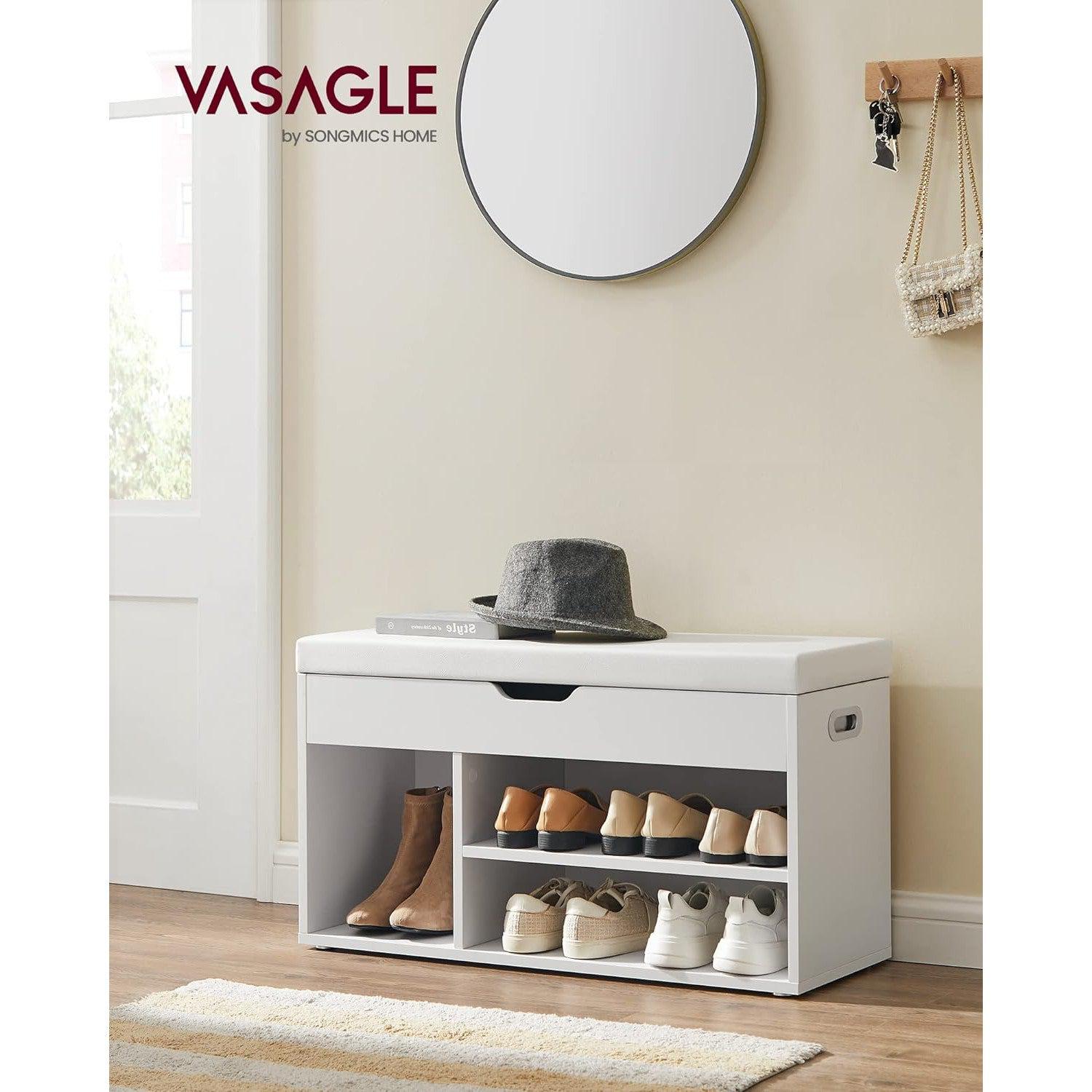 Klupa s policama za cipele i spremištem ispod sjedala 80 x 44 x 30 cm, bijela | VASAGLE-vitahome.hr