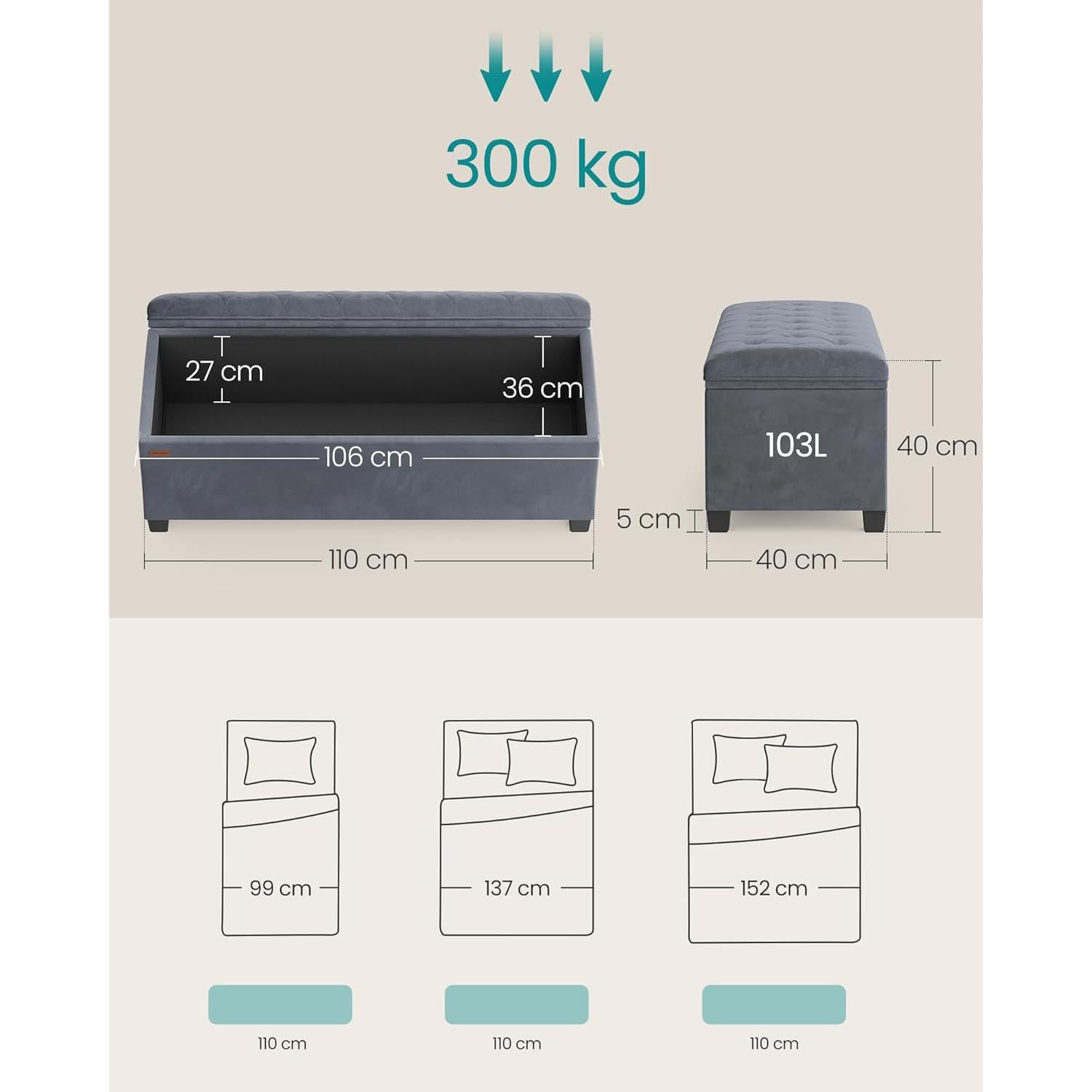 Klupa s prostorom za pohranu, 40 x 110 x 40 cm, nosivost do 300kg, siva | SONGMICS-vitahome.hr