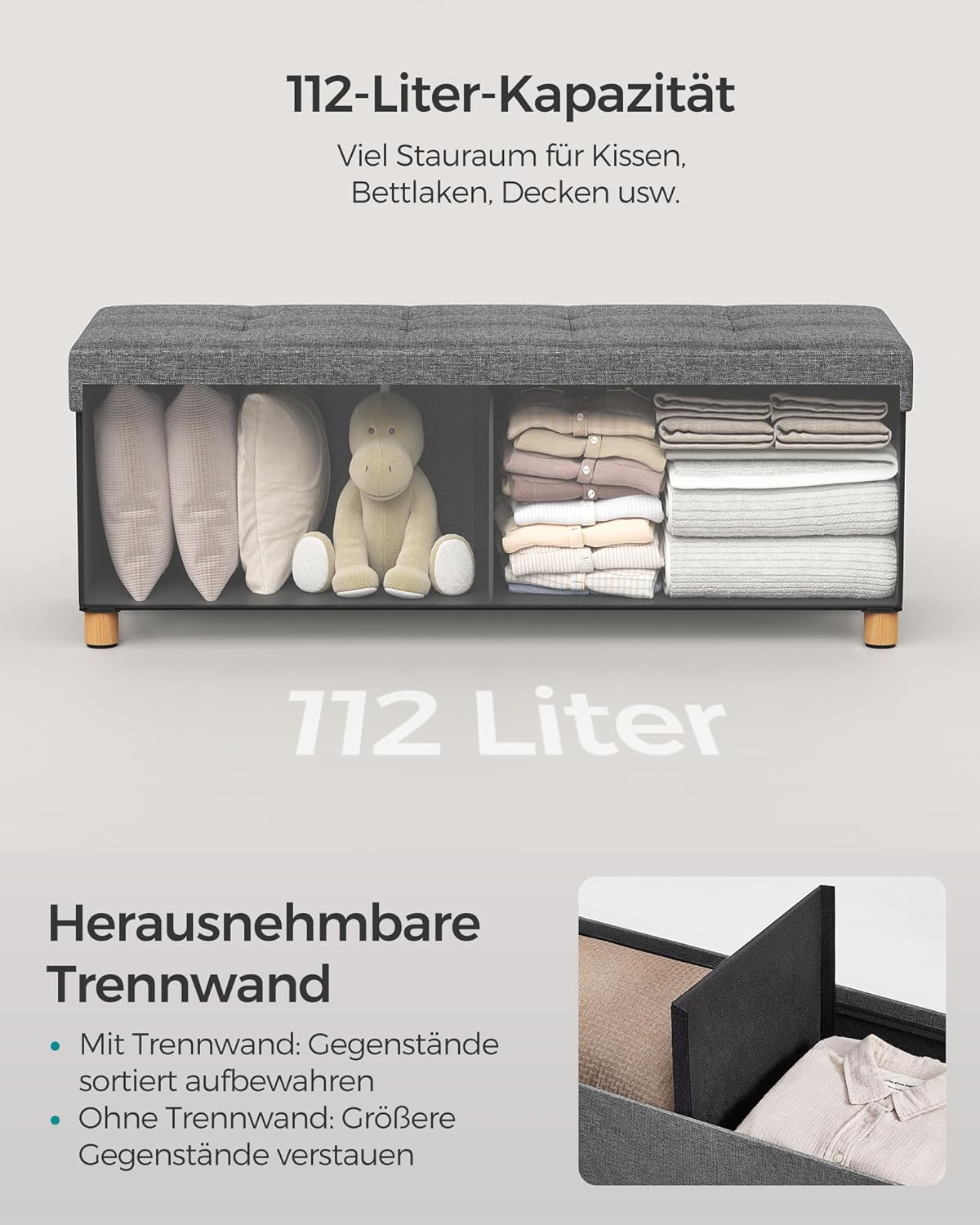 Klupa sa prostorom za pohranu, tabure nosivosti 300kg, 38 x 110 x 40 cm, siva | SONGMICS