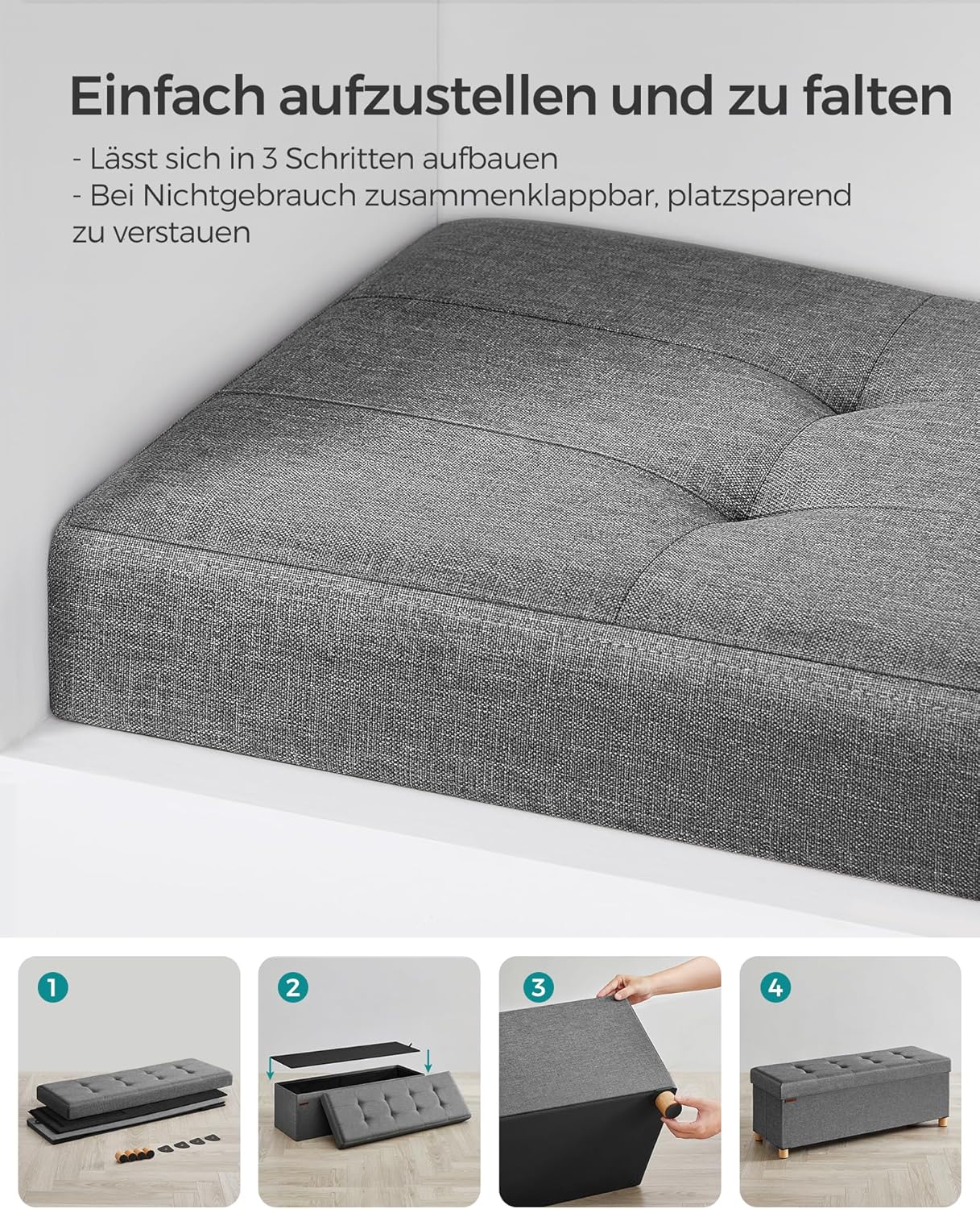 Klupa sa prostorom za pohranu, tabure nosivosti 300kg, 38 x 110 x 40 cm, siva | SONGMICS