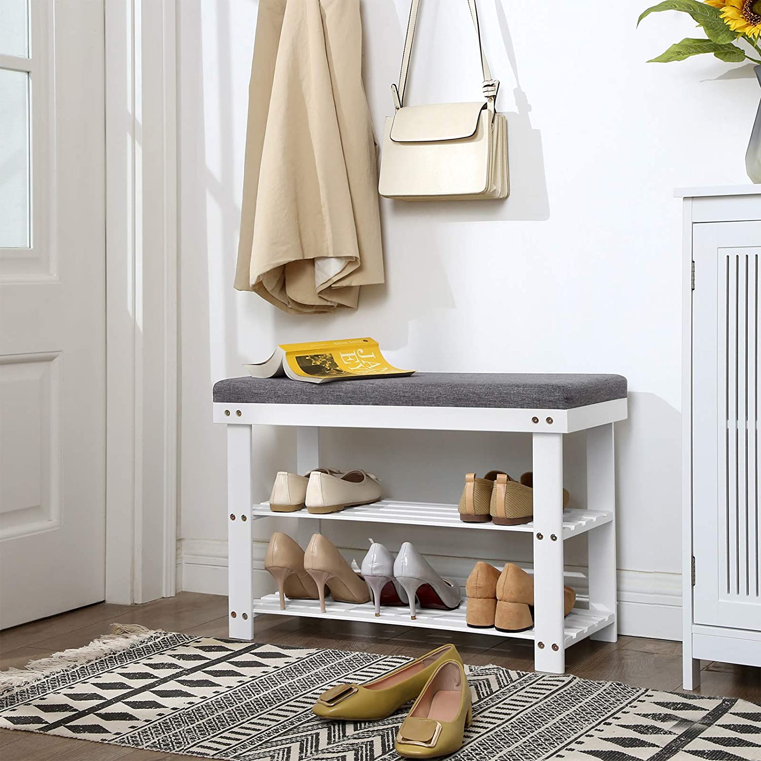 Klupa sa stalkom za cipele, od bambusa, 71 x 49 x 29 cm, bijela i siva | SONGMICS-vitahome.hr