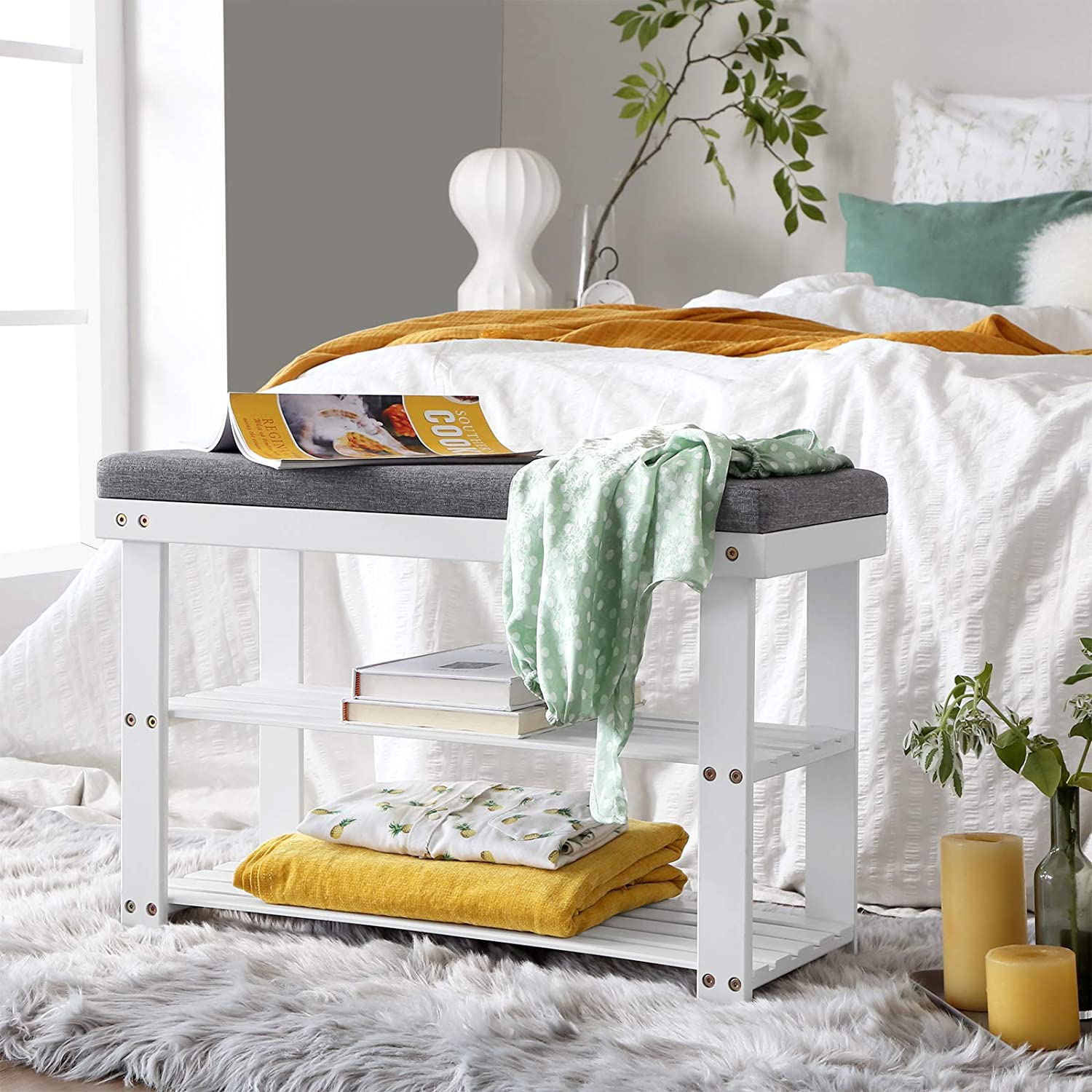 Klupa sa stalkom za cipele, od bambusa, 71 x 49 x 29 cm, bijela i siva | SONGMICS-vitahome.hr