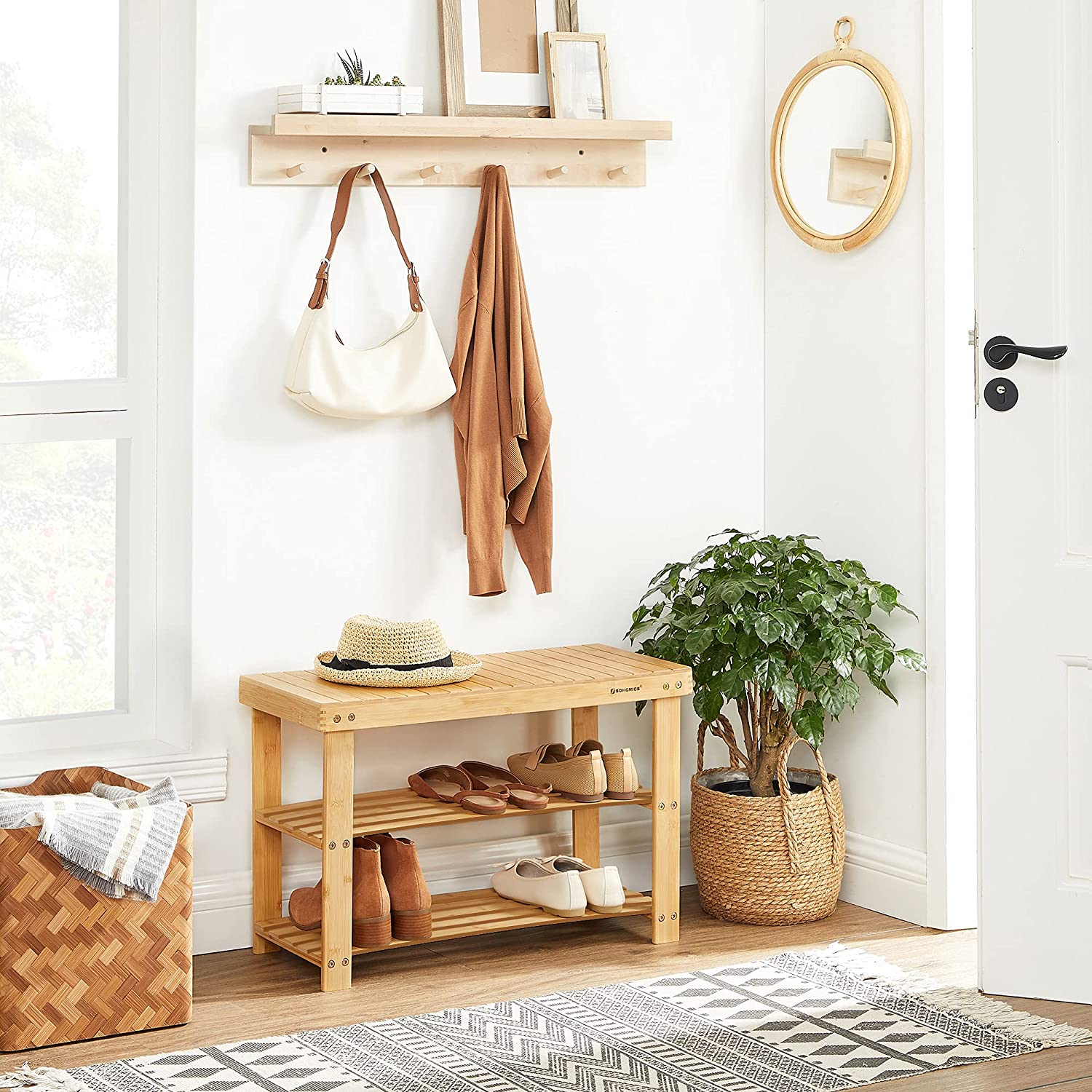 Klupa za cipele od bambusa s policama, 70 x 45 x 28 cm, prirodni bambus | SONGMICS-vitahome.hr