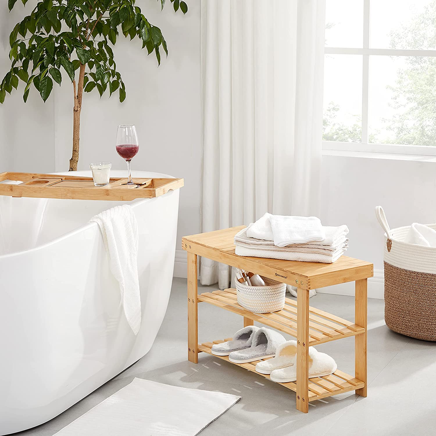 Klupa za cipele od bambusa s policama, 70 x 45 x 28 cm, prirodni bambus | SONGMICS-vitahome.hr