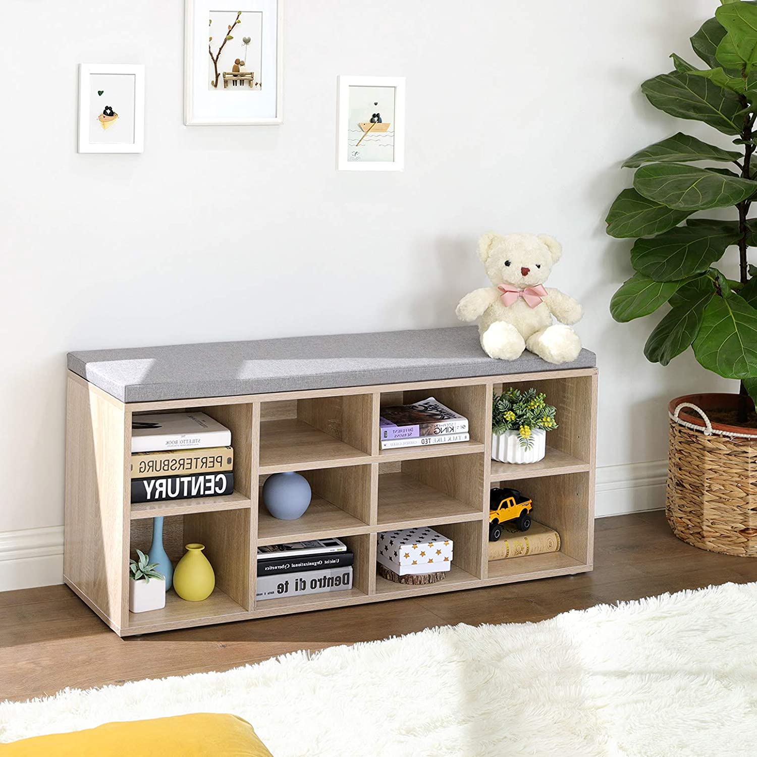 Klupa za cipele s 10 odjeljaka i jastucima 104 x 30 x 48 cm, boja hrasta | VASAGLE-vitahome.hr