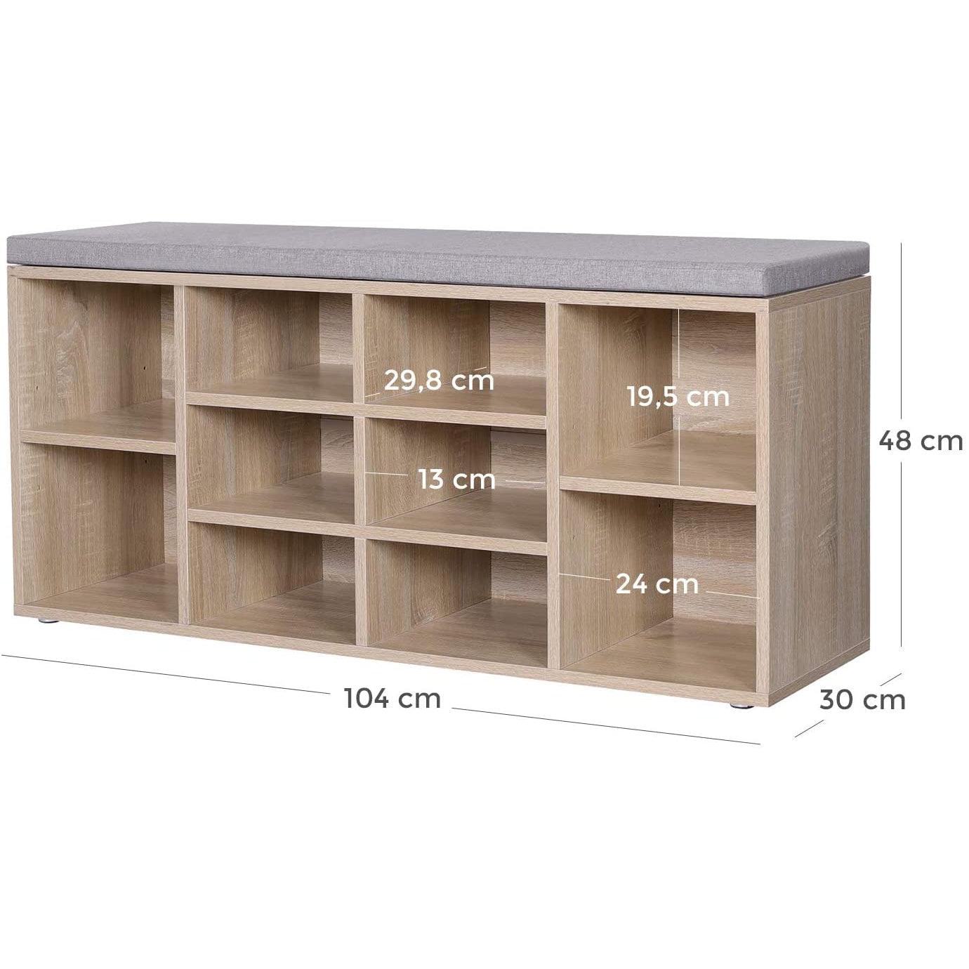 Klupa za cipele s 10 odjeljaka i jastucima 104 x 30 x 48 cm, boja hrasta | VASAGLE-vitahome.hr
