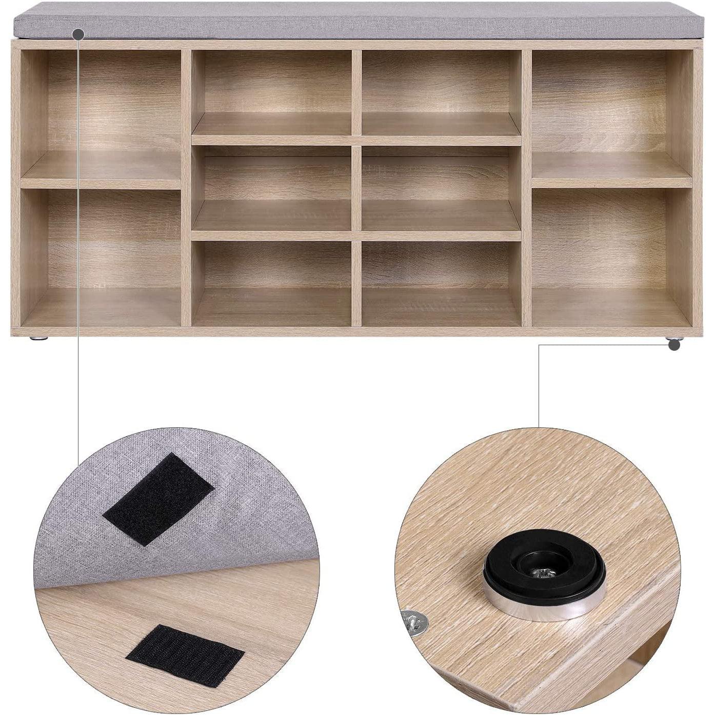 Klupa za cipele s 10 odjeljaka i jastucima 104 x 30 x 48 cm, boja hrasta | VASAGLE-vitahome.hr