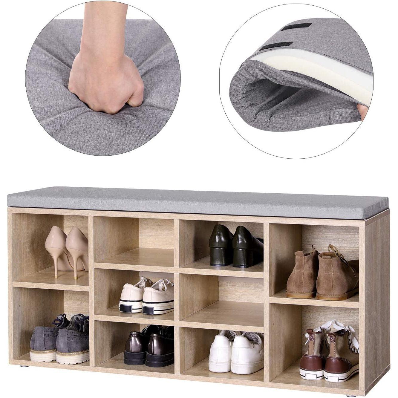 Klupa za cipele s 10 odjeljaka i jastucima 104 x 30 x 48 cm, boja hrasta | VASAGLE-vitahome.hr