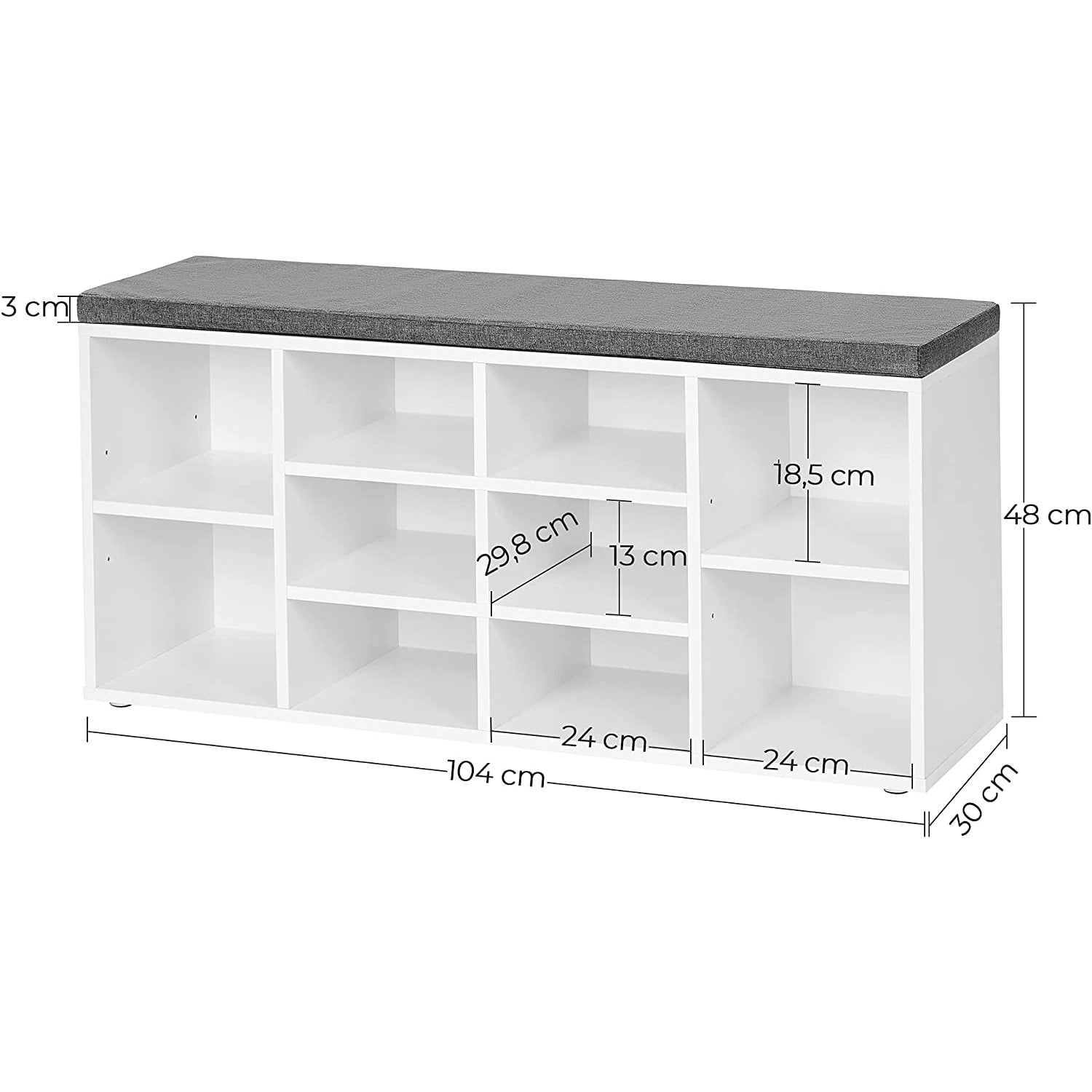 Klupa za cipele s 10 odjeljaka, s jastukom za sjedenje, 104 x 30 x 48 cm, bijela | VASAGLE-vitahome.hr