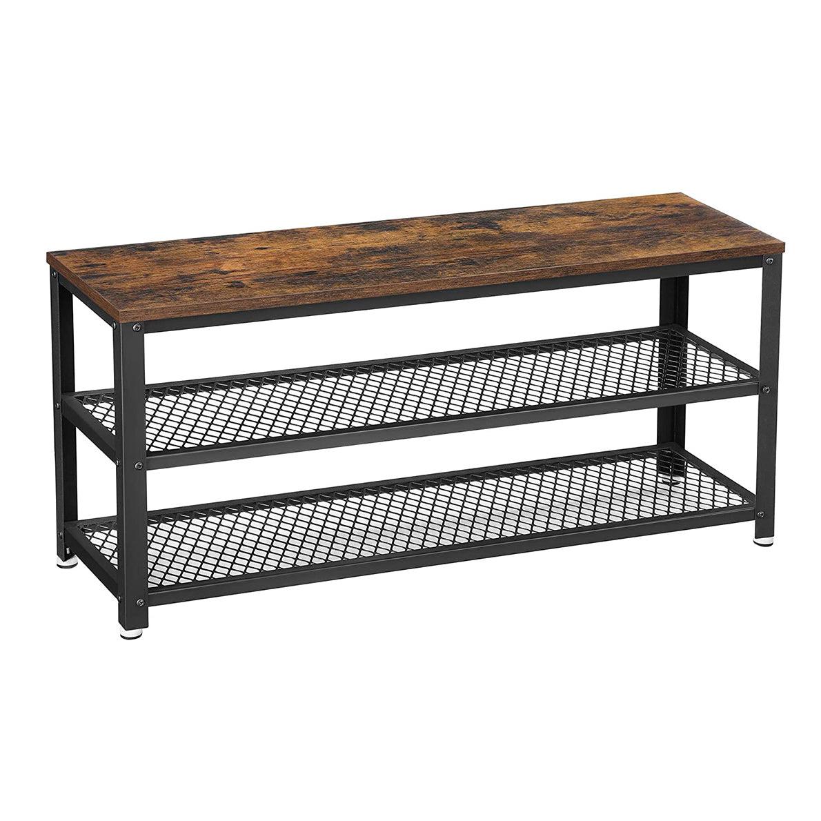 Klupa za cipele s 2 crne mrežaste police 100 x 30 x 45 cm, smeđe-crna | VASAGLE-vitahome.hr